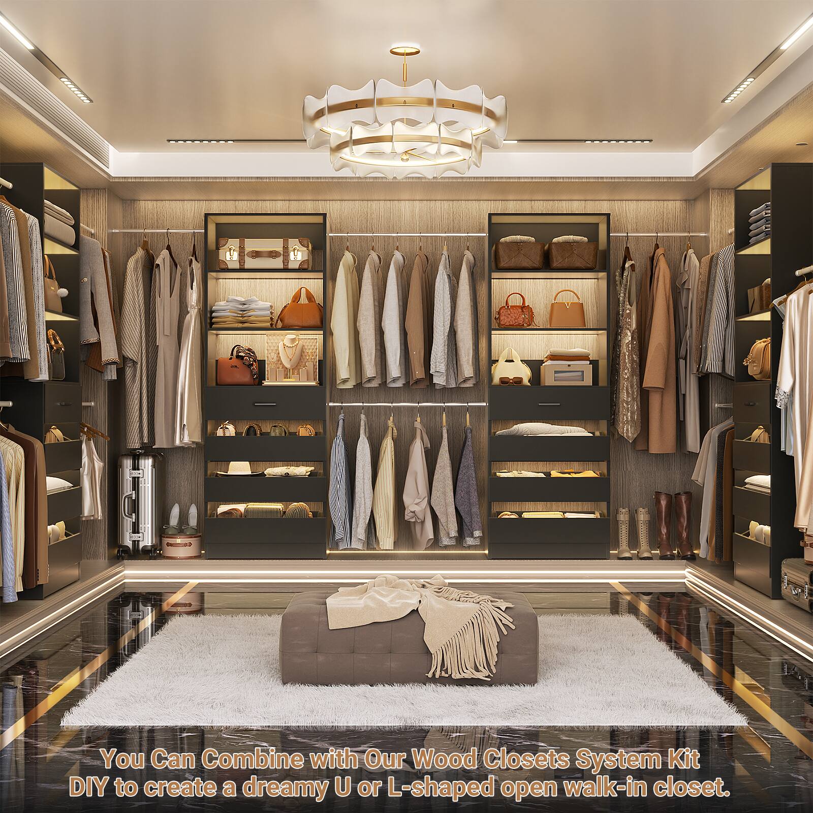 You Can Combine with Our Wood Closets System Kit DIY to create a dreamy U or L-shaped open walk-in closet.