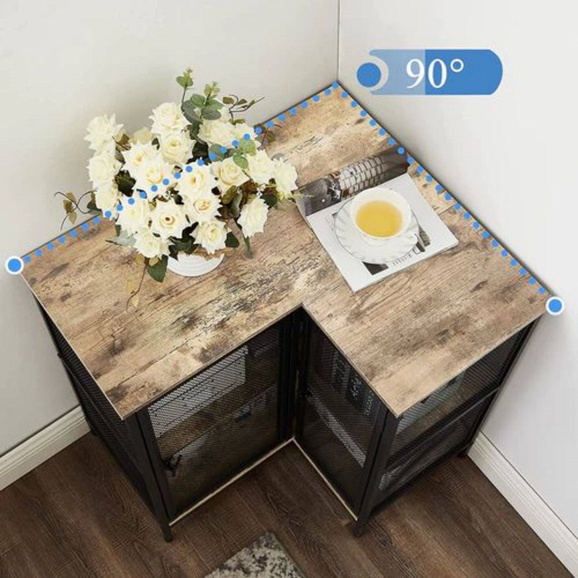 Back. Vecelo - Modern L Shaped Corner Cabinet with Doors, 3-Tier Corner Storage Cabinet with Shelves for Living Room, Bedroom, Bathroom - Gray.