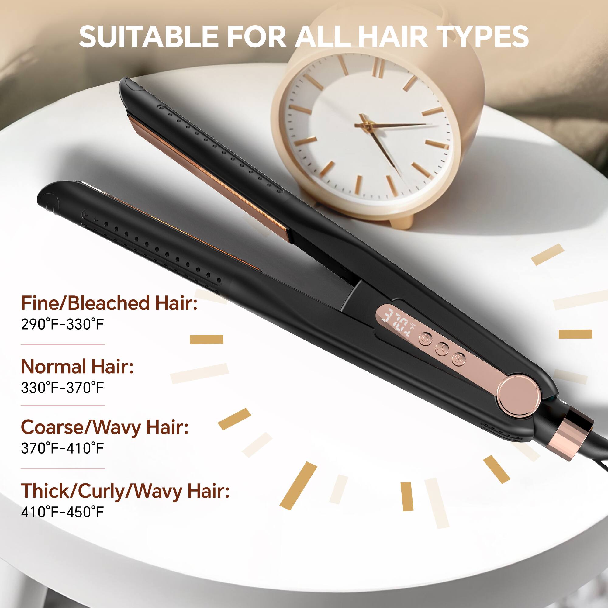 SUITABLE FOR ALL HAIR TYPES

Fine/Bleached Hair: 290°F-330°F
Normal Hair: 330°F-370°F
Coarse/Wavy Hair: 370°F-410°F
Thick/Curly/Wavy Hair: 410°F-450°F