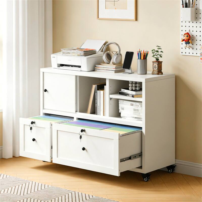 Angle. HTUTWOO - 2-Drawer Metal Filing Cabinet with Lock - 28"H Lateral Storage, Rolling with Anti-Tip Kit, Full-Extension Quiet Slides - White.