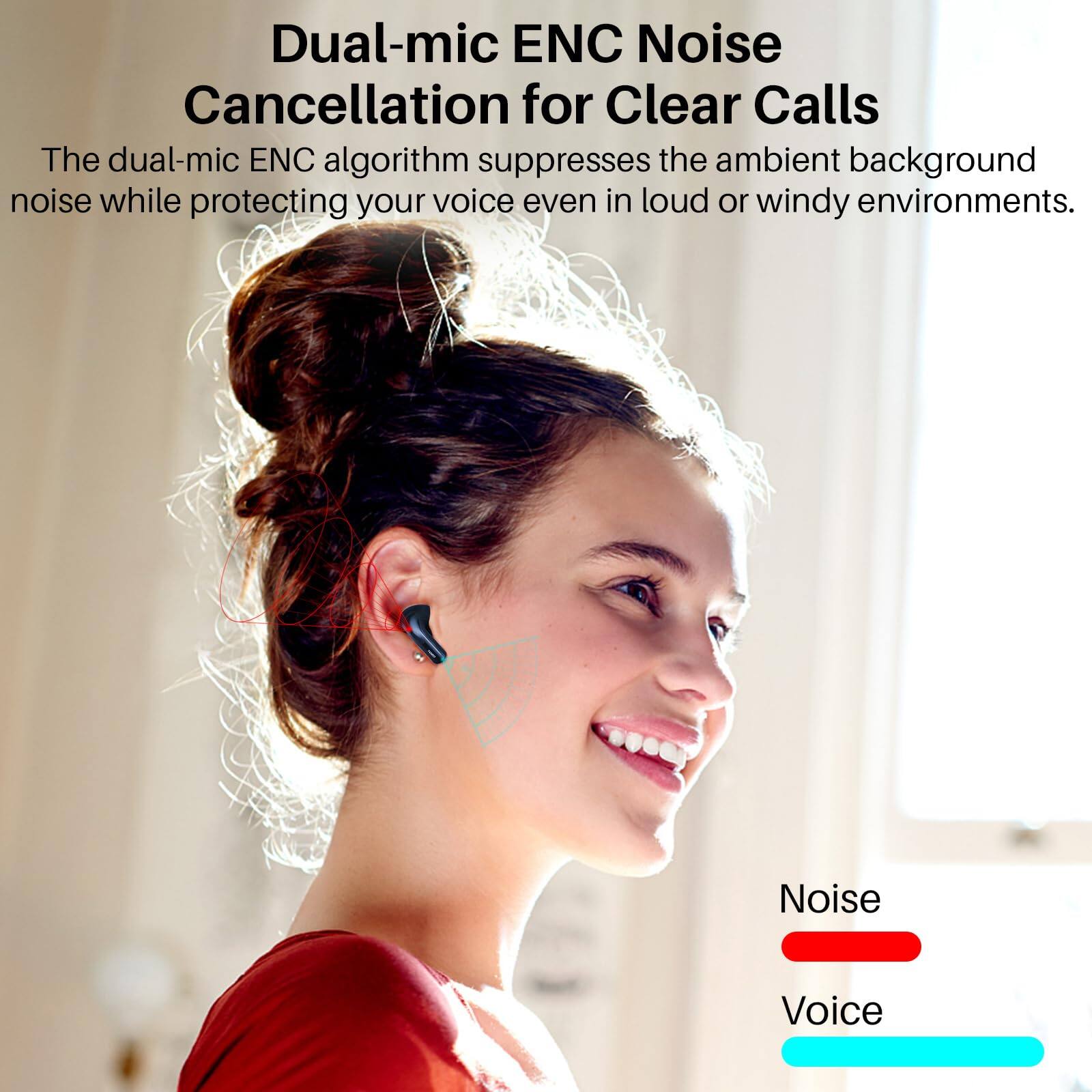 Dual-mic ENC Noise Cancellation for Clear Calls
The dual-mic ENC algorithm suppresses the ambient background noise while protecting your voice even in loud or windy environments.
Noise Voice