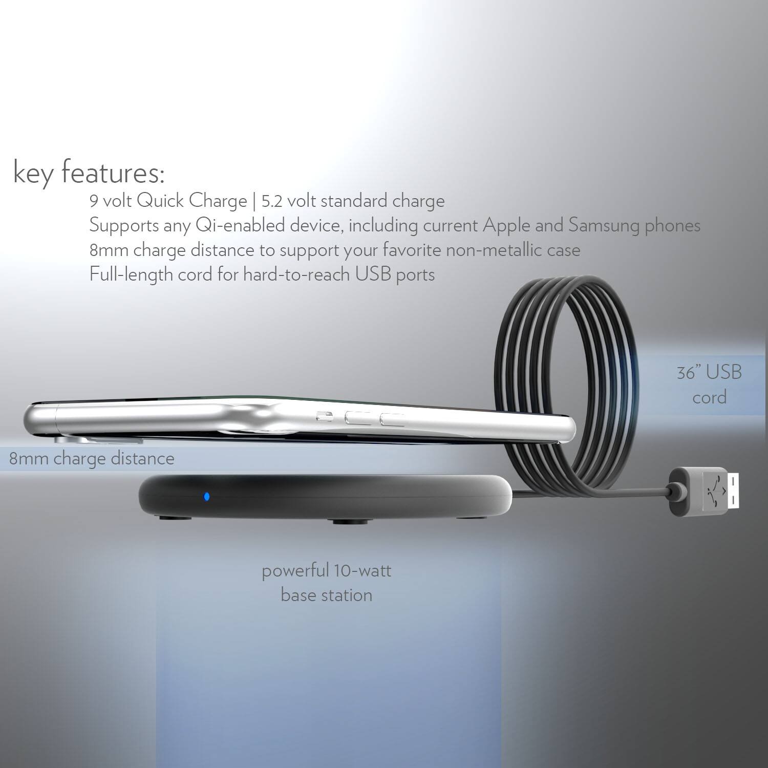 Key features:

- 9 volt Quick Charge | 5.2 volt standard charge
- Supports any Qi-enabled device, including current Apple and Samsung phones
- 8mm charge distance to support your favorite non-metallic case
- Full-length cord for hard-to-reach USB ports
- 36" USB cord
- Powerful 10-watt base station