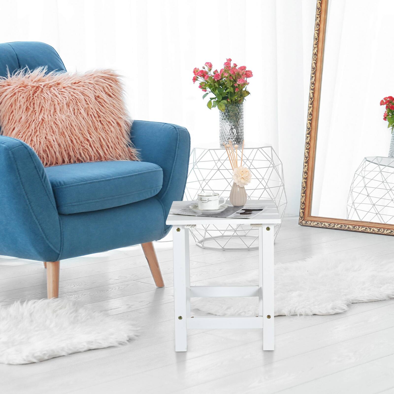 Alt View 6. Sugift - 15 Inch Patio Square Wooden Slat End Side Table for Garden - White.