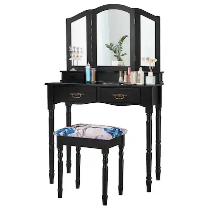 Front. Costway - Costway Tri Folding Mirror Vanity Makeup Table Stool 4 Drawers - Black.
