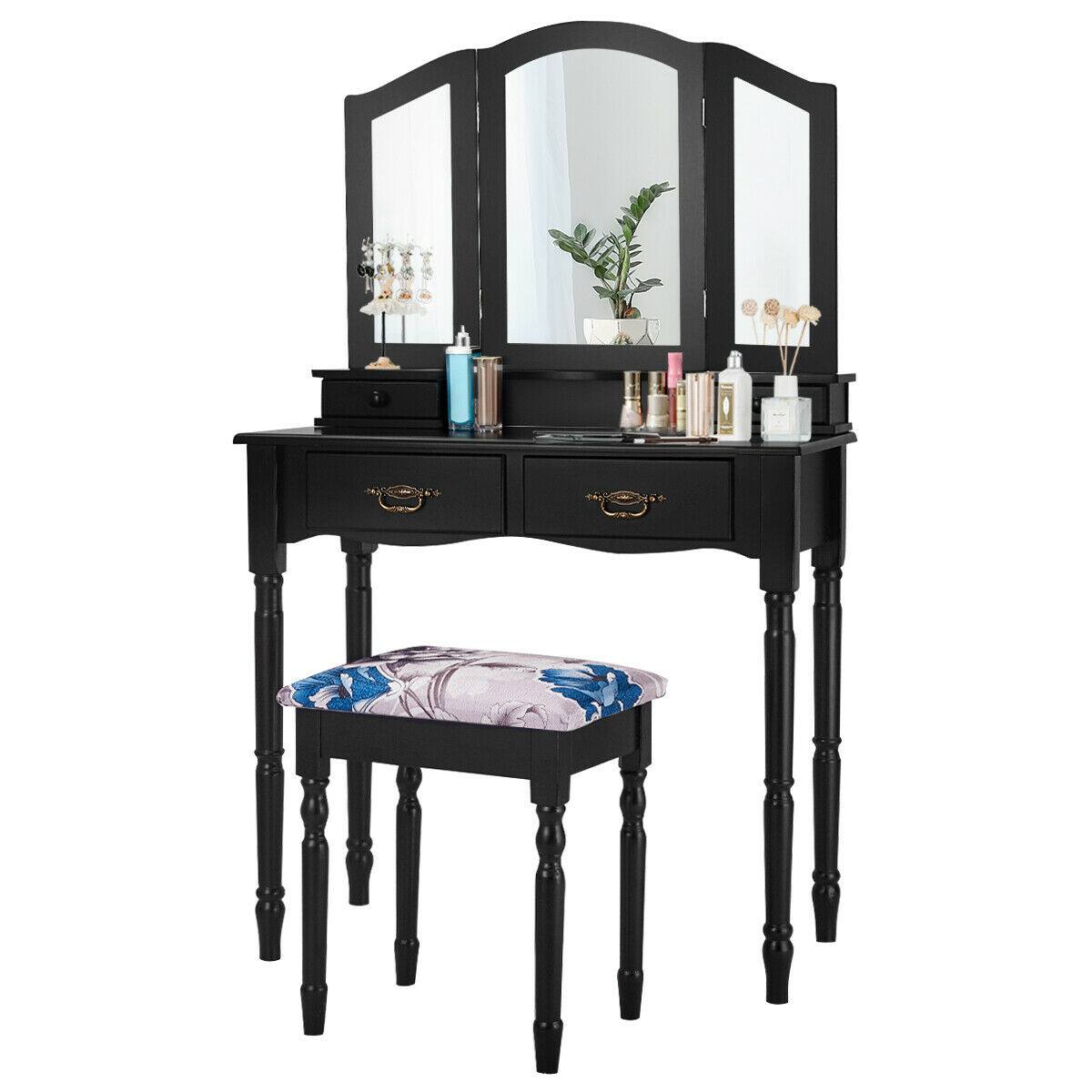 Costway - Tri Folding Mirror Vanity Makeup Table Stool 4 Drawers - Black
