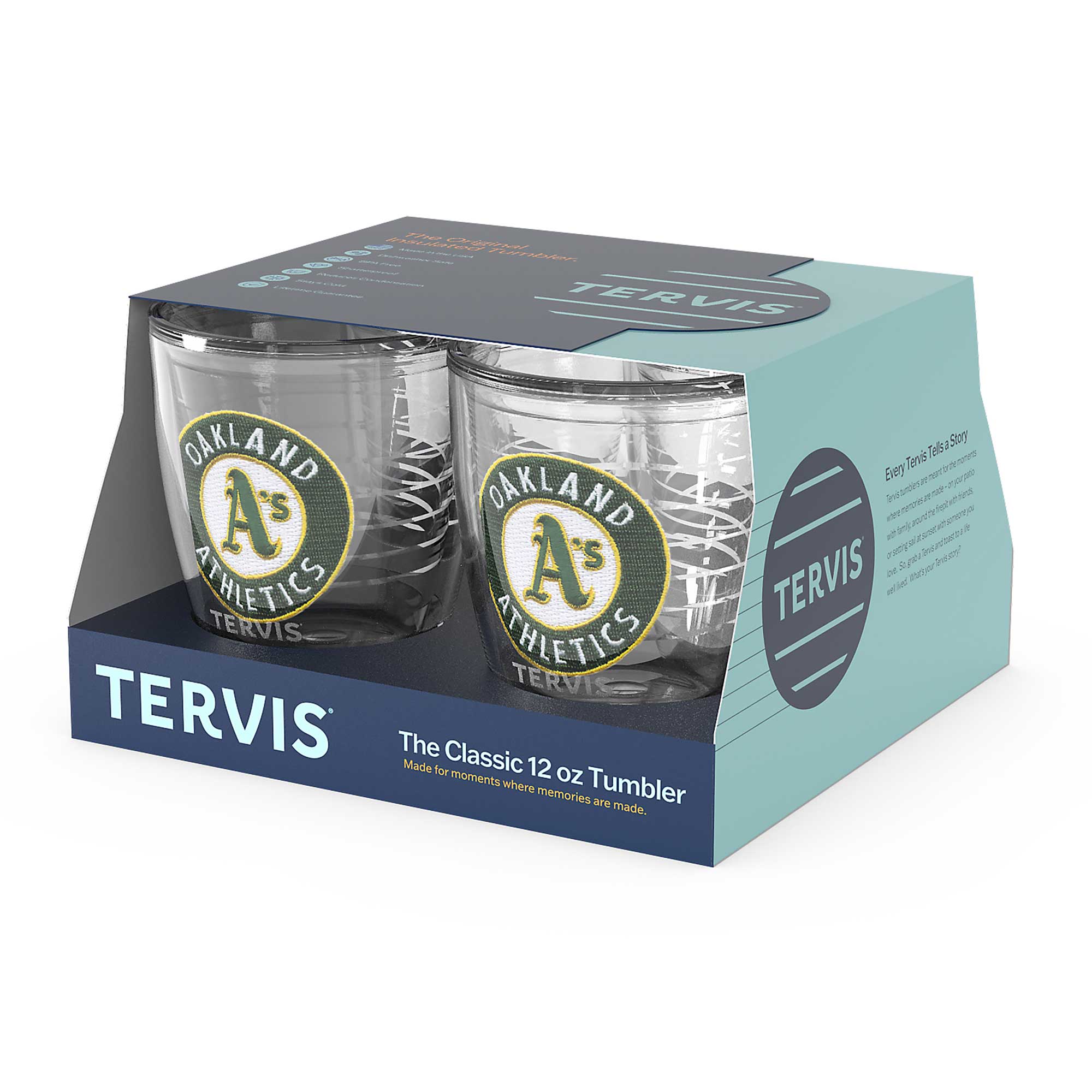TERVIS  
The Classic 12 oz Tumbler  
Made for moments where memories are made.  

OAKLAND A's ATHLETICS  
TERVIS  

Every Tumbler Tells a Story  
Every Tumbler is a story waiting to be told. It's a story of moments, memories, and milestones. It's a story of the everyday and the extraordinary. It's a story of the here and now, and the memories yet to be made. It's a story of the Tumbler, and the memories it holds.  

TERVIS