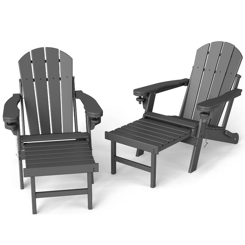 Front. FODINGHILL - Set of 2 HDPE Adirondack Chairs with Ottomans - Grey.