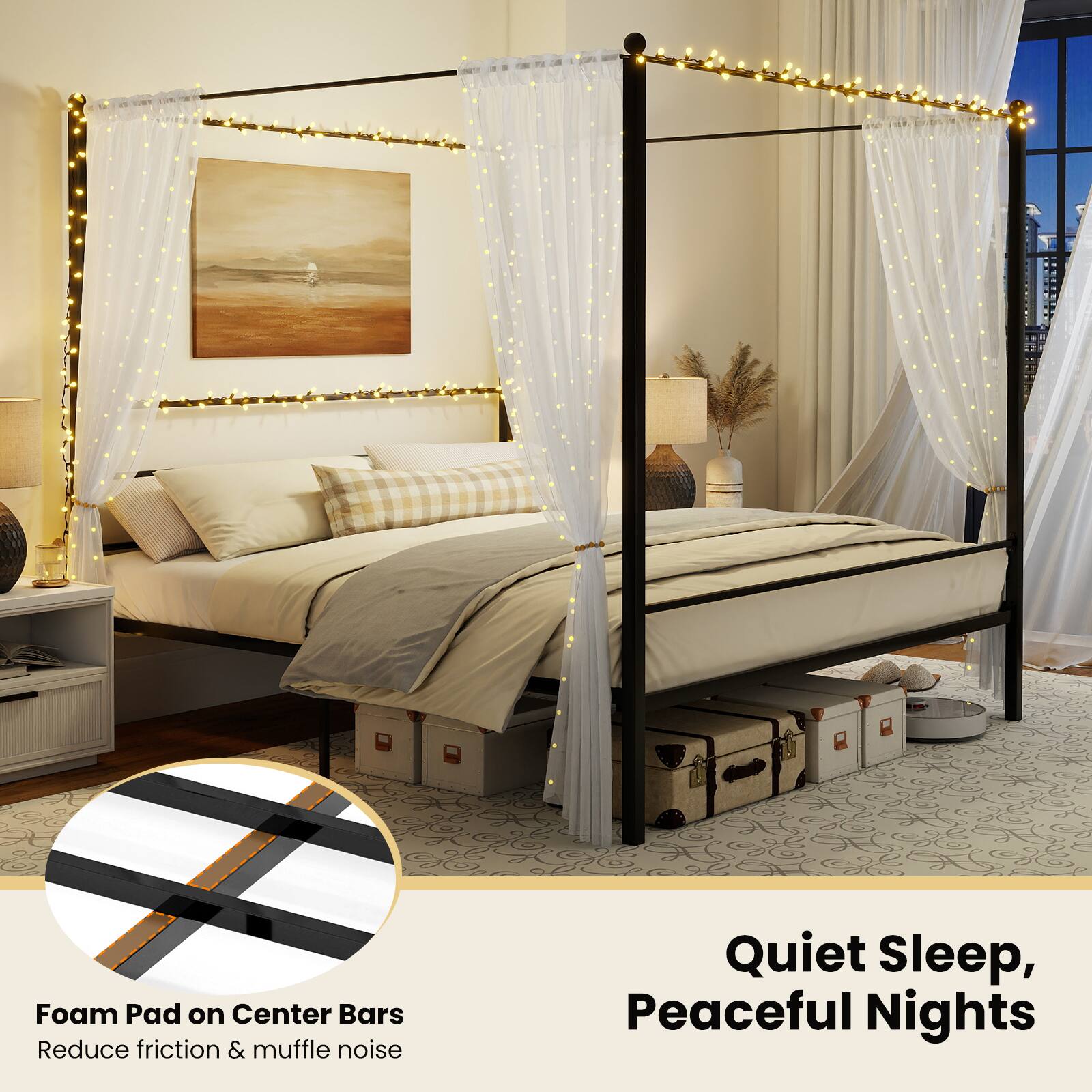 Foam Pad on Center Bars  
Reduce friction & muffle noise  

Quiet Sleep, Peaceful Nights