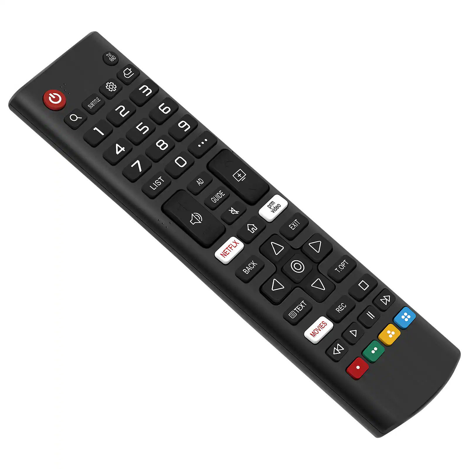 Sure, here is the corrected and grouped text from the image:

- Power
- Guide
- Netflix
- Exit
- List
- Ad
- Guide
- Back
- Rec
- Movies
- EText
- Top
- Play/Pause
- Forward
- Rewind
- Pause
- Info
- Red
- Green
- Yellow
- Blue