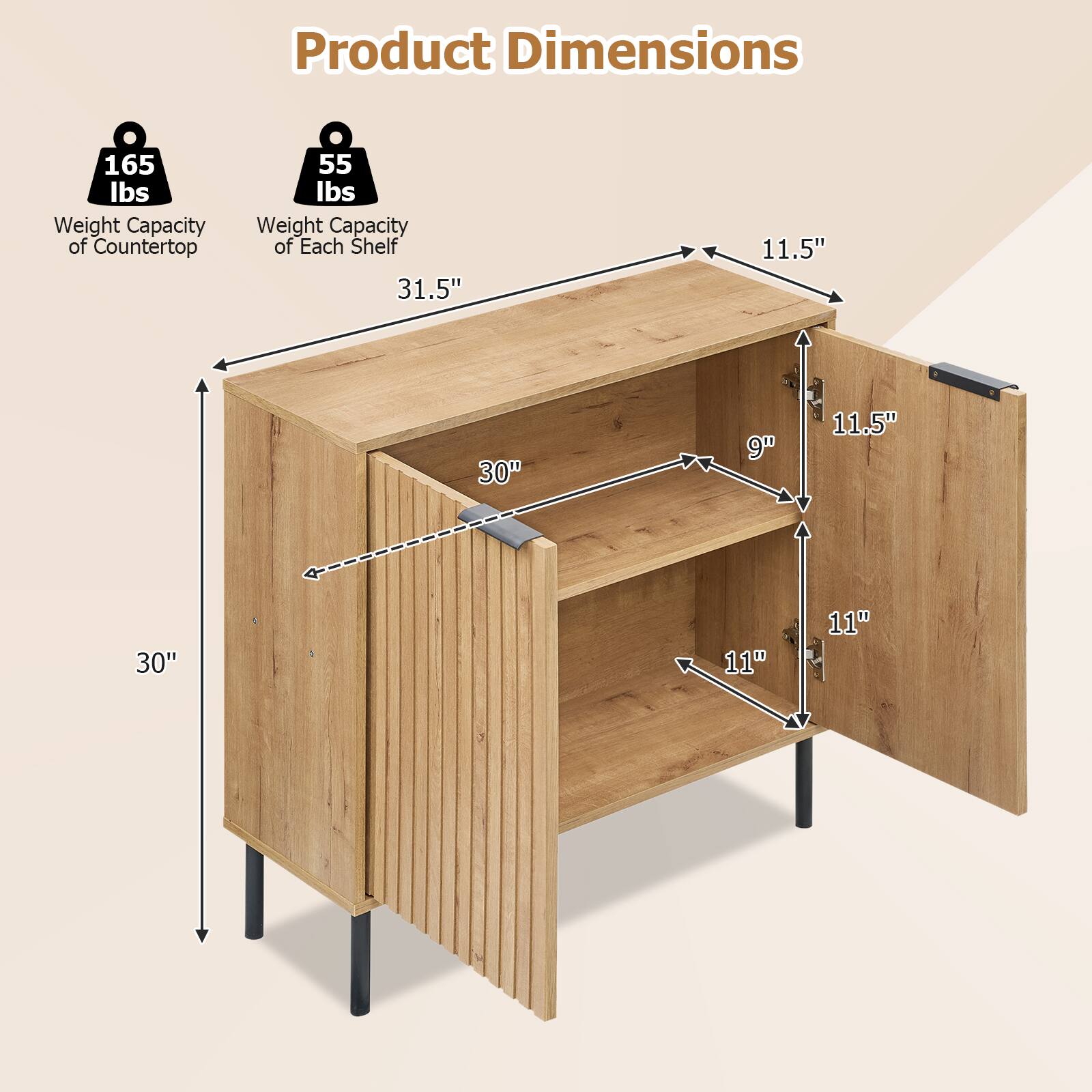 Product Dimensions

- Weight Capacity of Countertop: 165 lbs
- Weight Capacity of Each Shelf: 55 lbs

Dimensions:
- Length: 31.5"
- Width: 11.5"
- Height: 30"
- Shelf Depth: 9"
- Drawer Height: 11.5"
- Drawer Width: 11"
- Drawer Depth: 11"
