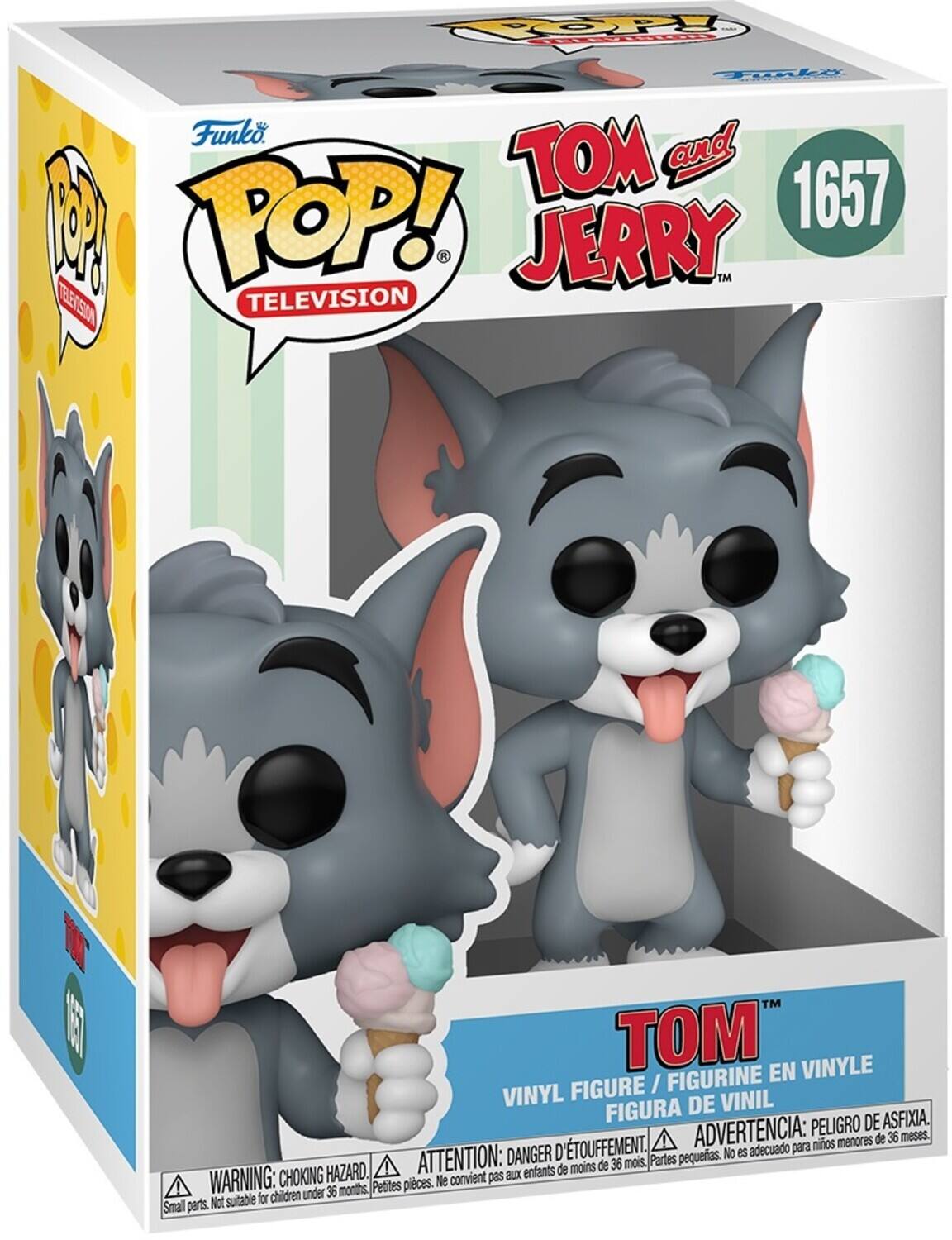 Sure, here is the corrected and grouped text from the image:

---

**Funko POP! TELEVISION**

**TOM and JERRY**

**1657**

**TOM**

VINYL FIGURE / FIGURINE EN VINYLE / FIGURA DE VINIL

ADVERTENCIA: PELIGRO DE ASFIXIA. ATTENTION: DANGER D'ÉTOUFFEMENT. WARNING: CHOKING HAZARD. Small parts. Not suitable for children under 36 months. Petites pièces. Ne convient pas aux enfants de moins de 36 mois. Partes pequeñas. No es adecuado para niños menores de 36 meses.

---

This text is organized to reflect the information on the packaging.