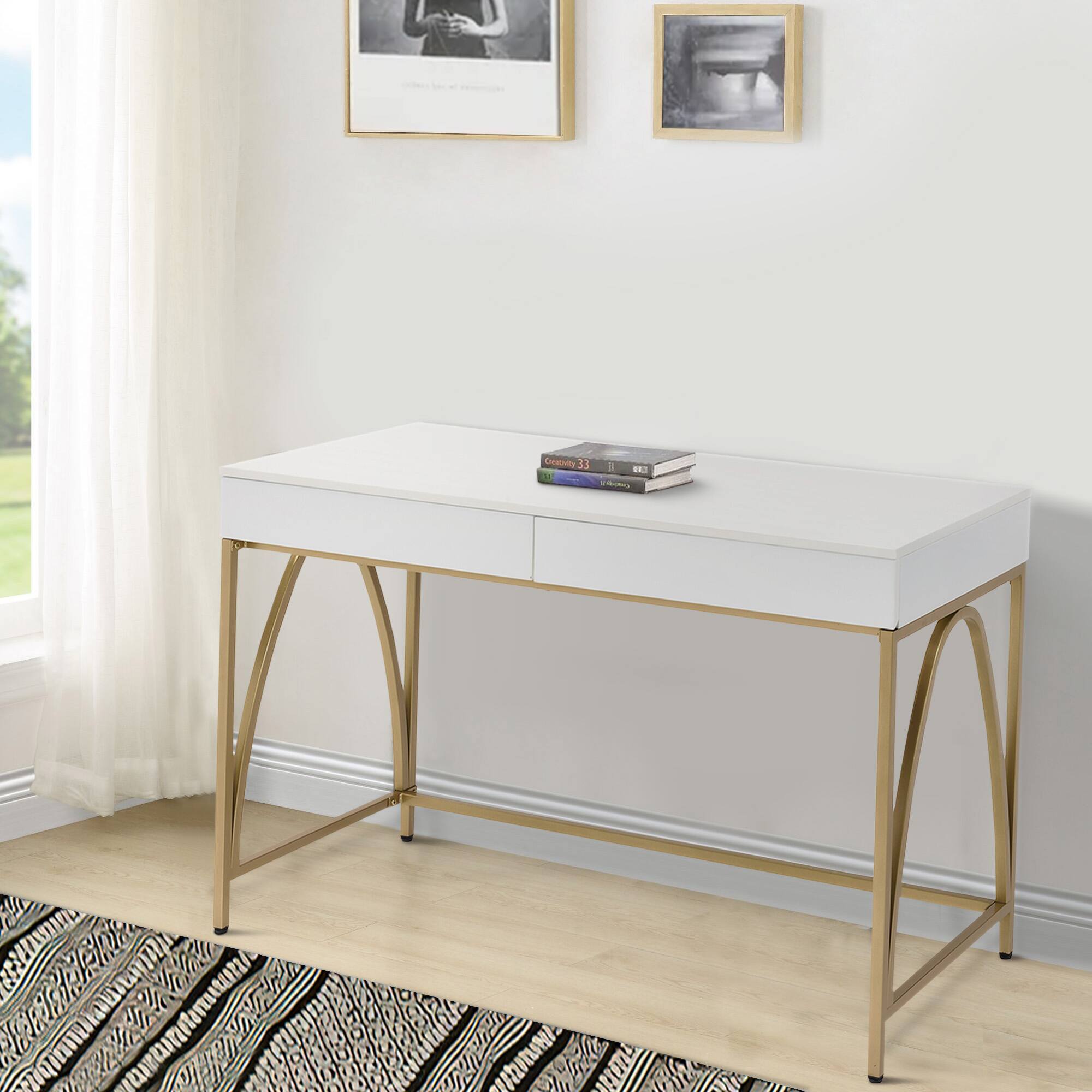 Alt View 2. Manhattan Lane - Rectangular Wooden Frame Desk with 2 Drawers and Metal Legs, White and Gold - White and Gold.