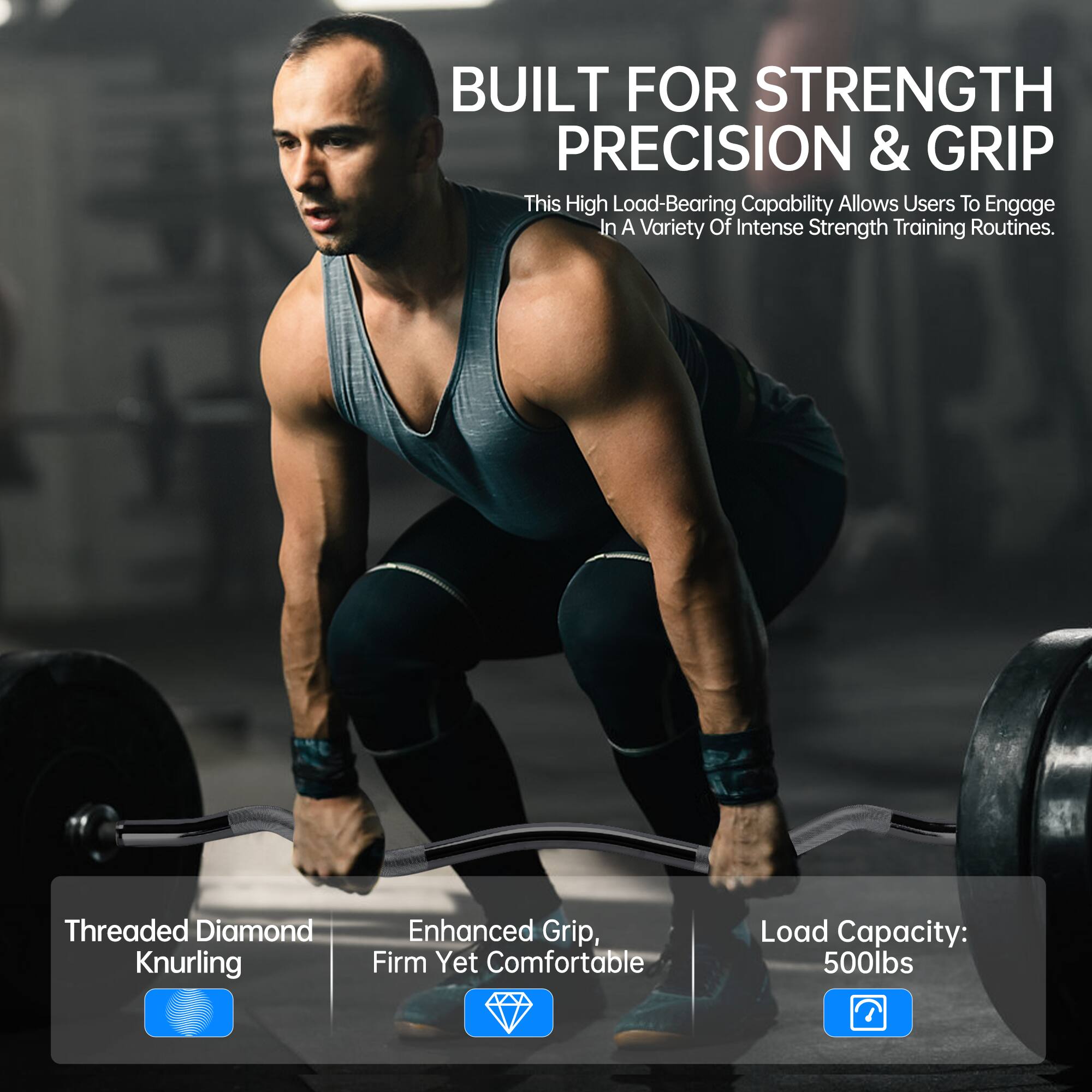 BUILT FOR STRENGTH PRECISION & GRIP

This High Load-Bearing Capability Allows Users To Engage In A Variety Of Intense Strength Training Routines.

- Threaded Diamond Knurling
- Enhanced Grip, Firm Yet Comfortable
- Load Capacity: 500lbs