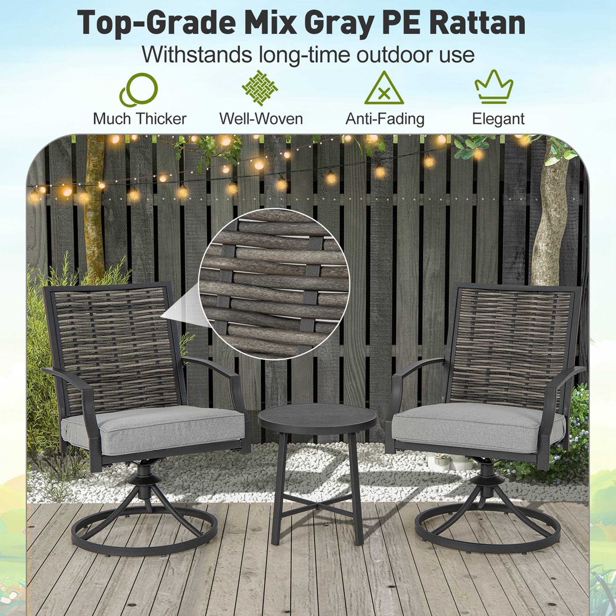 Top-Grade Mix Gray PE Rattan  
Withstands long-time outdoor use  

- Much Thicker  
- Well-Woven  
- Anti-Fading  
- Elegant