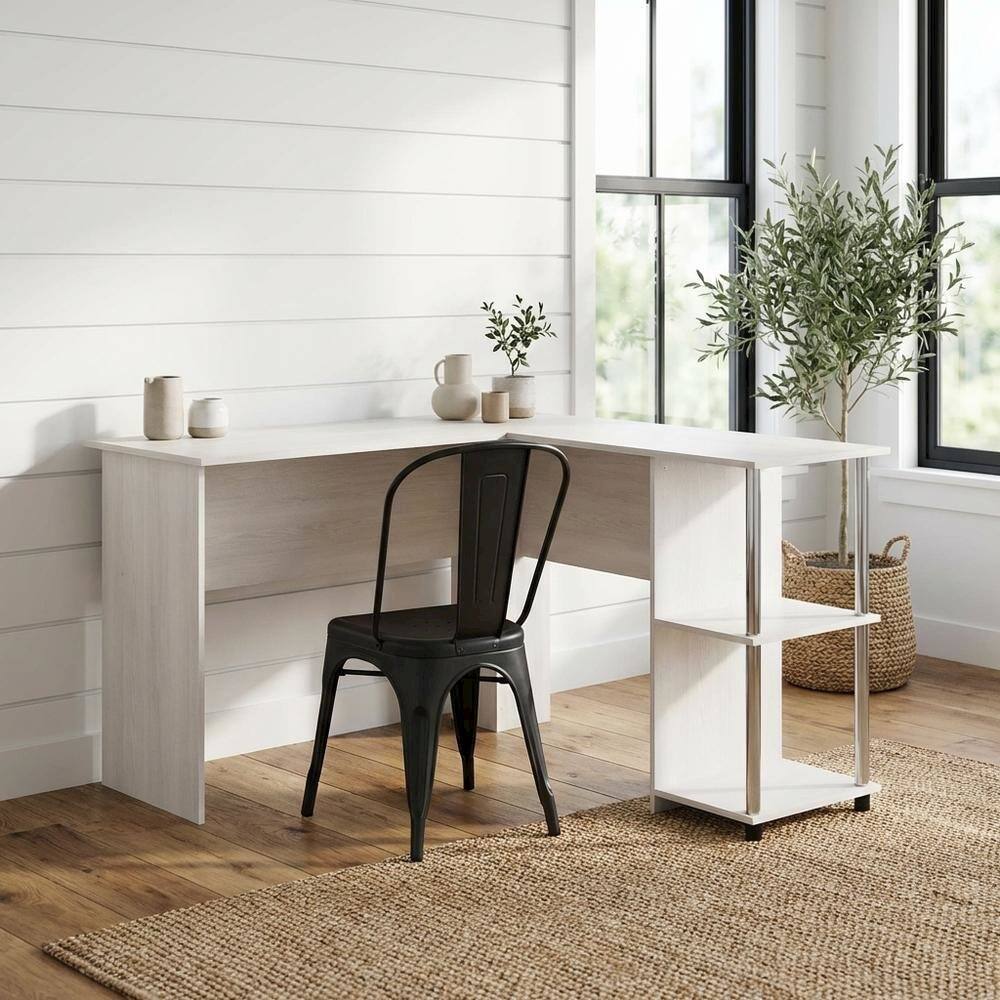 Angle. BisonOffice - L-Shape Desk, Stainless Steel Tubes And White Oak Finish For Modern Workspaces - White Oak/Chrome.