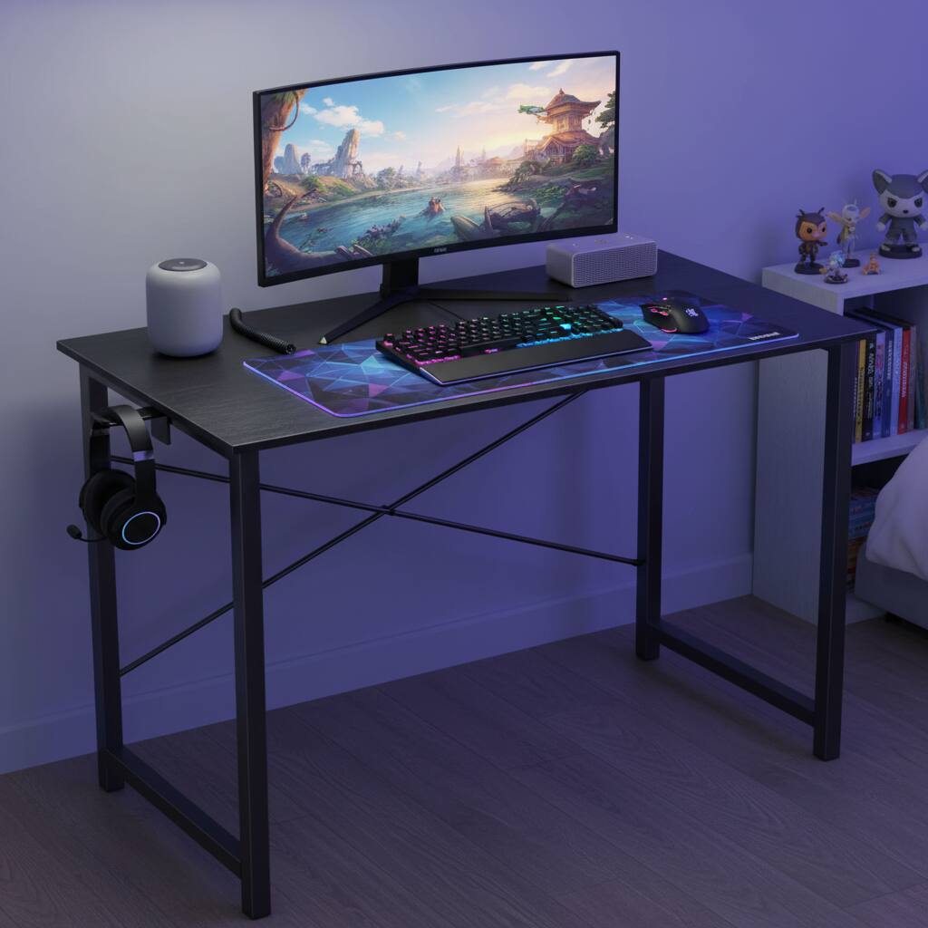 Left. AOITUN - Computer Desk 40 Inch, Small Desk, Sturdy Writing Table with Metal Frame, Modern Workstation for Bedroom, Black - Black.