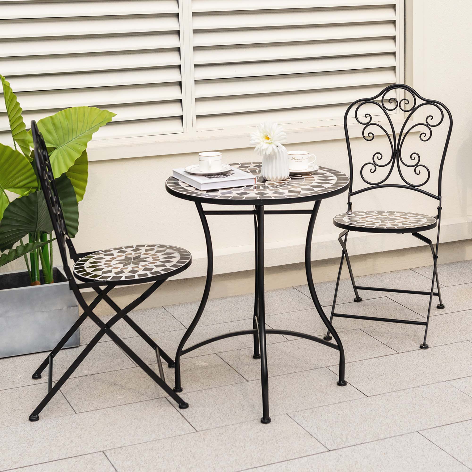Angle. Costway - Set of 4 Mosaic Chairs for Patio with Decorative Backrest Heavy-Duty Frame - Black.