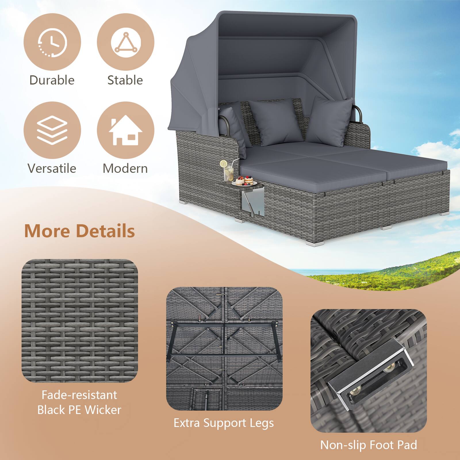 Durable  
Stable  
Versatile  
Modern  

More Details  
Fade-resistant Black PE Wicker  
Extra Support Legs  
Non-slip Foot Pad