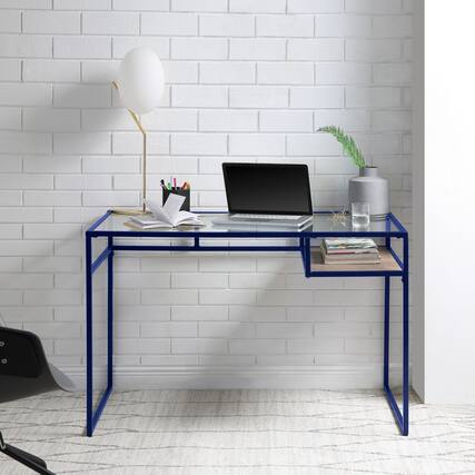 Front. GOODSILO - Contemporary Glass Top Writing Desk and Storage Shelf for Modern Home Office Workspace - Blue.