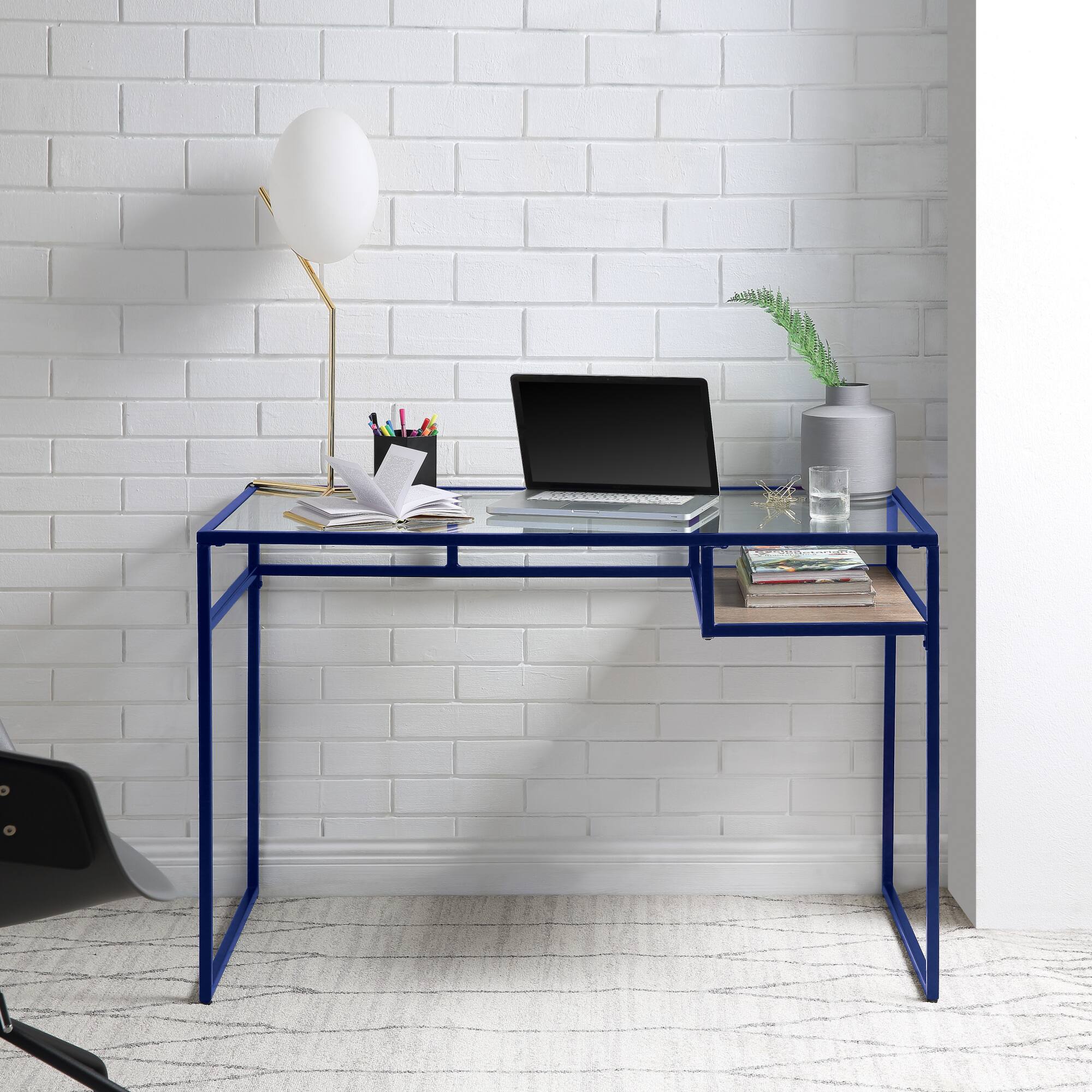 GOODSILO - Contemporary Glass Top Writing Desk and Storage Shelf for Modern Home Office Workspace - Blue