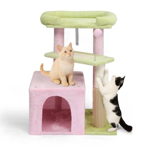 Alt View 7. Winado - 27inch Small Cat Tower with Scratching Post, Ball, Cat Condo, Padded Top Bed for Indoor Kittens Cats Indoor Activity - Pink & Green.