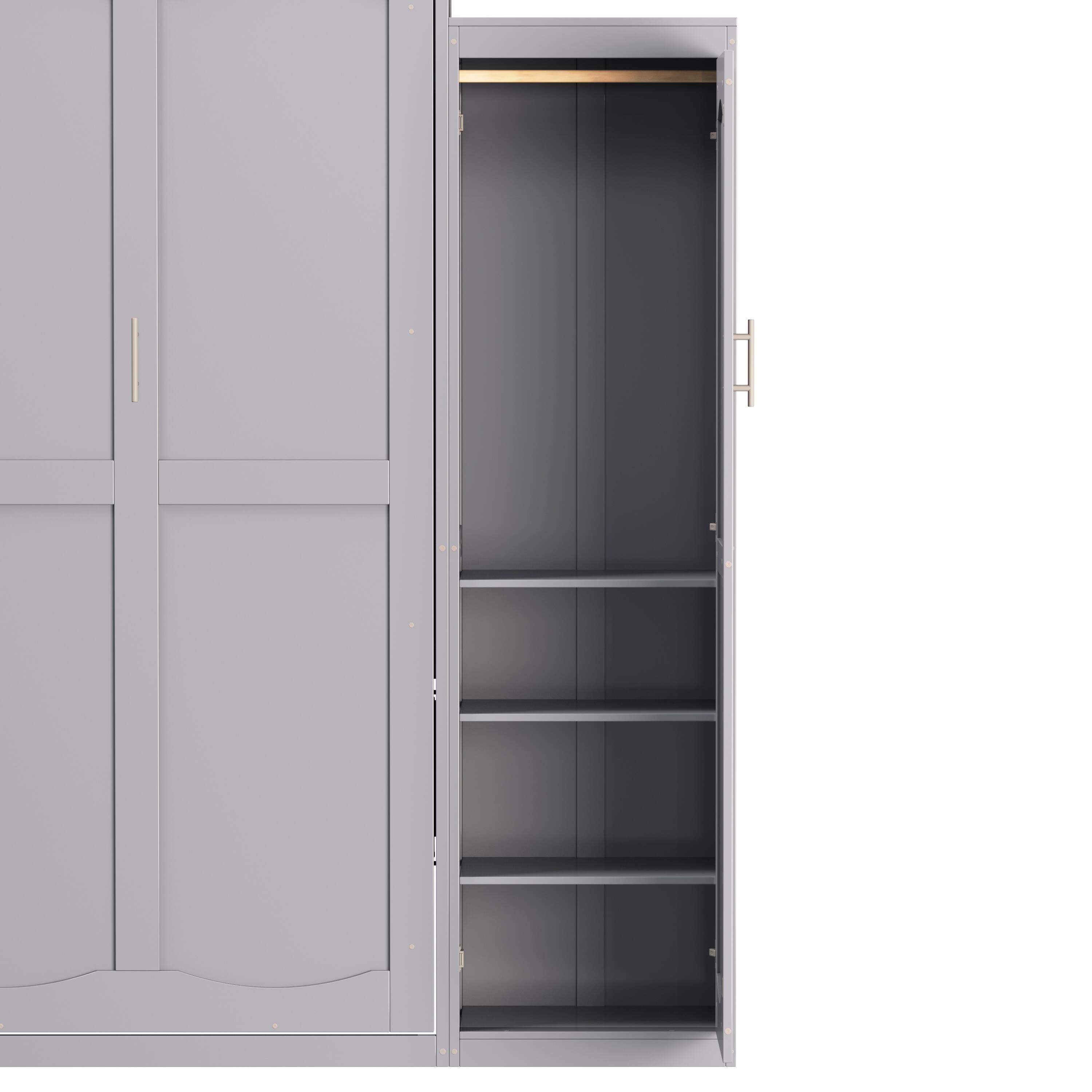 Alt View 9. Tiramisubest - Full Size Murphy Bed with 2 Wardrobe and Storage Shelf, Multifunctional Foldable Platform Bedframe, Gray - Gray.