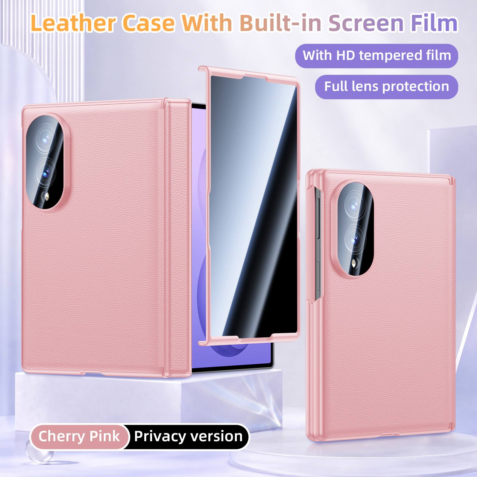 Leather Case With Built-in Screen Film

With HD tempered film

Full lens protection

Cherry Pink Privacy version