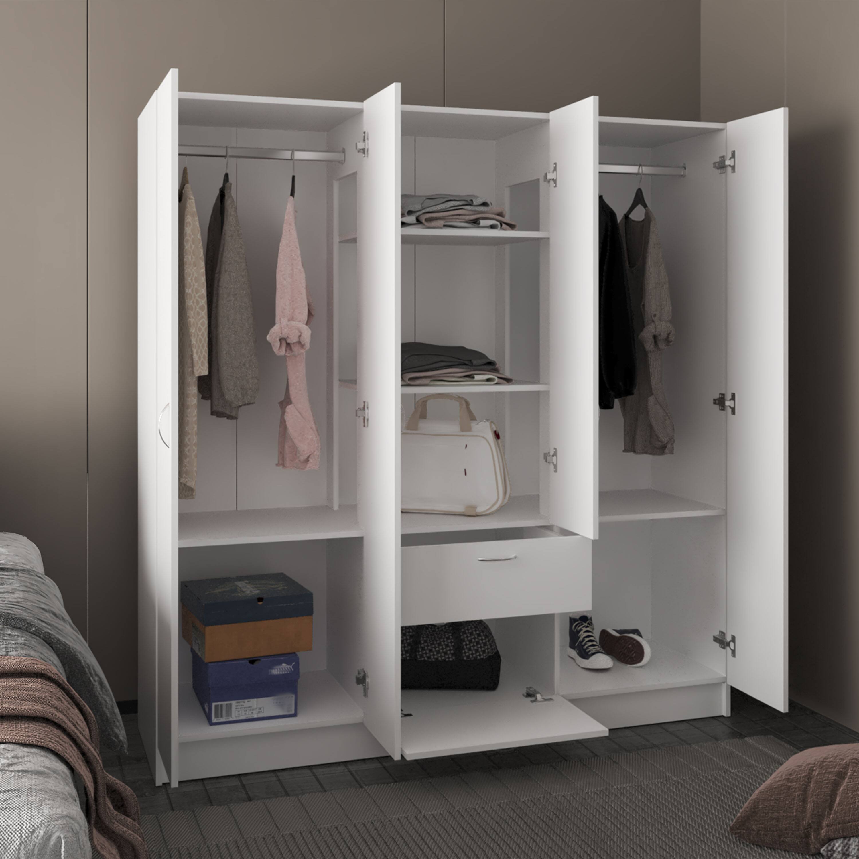 Left. TuHome - Mitu Six Doors Armoire, Seven Interior Shelves, One Drawer, Rod - White.