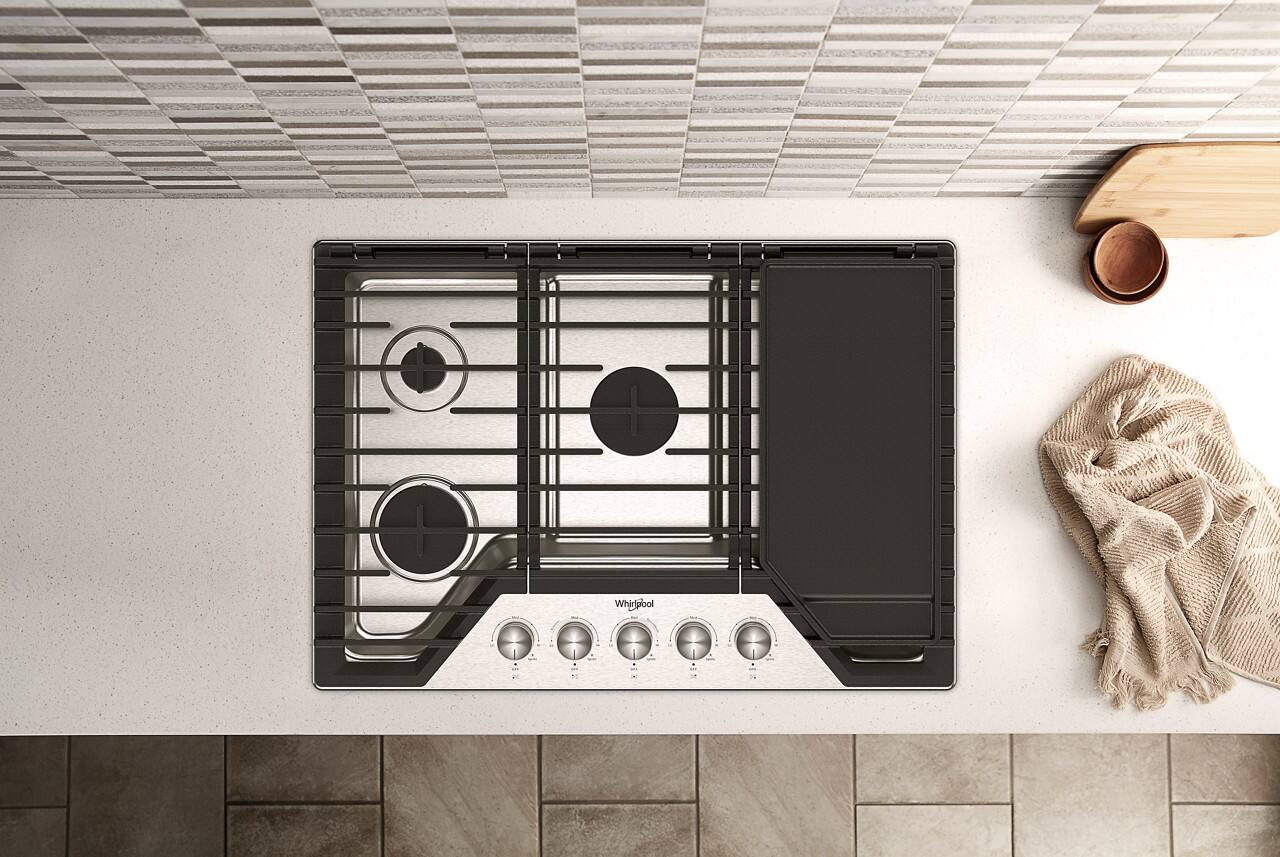 Alt View 22. Whirlpool - 30" Built-In Gas Cooktop with 3 Burners and 2-in-1 Hinged Grate to Griddle - Stainless Steel.