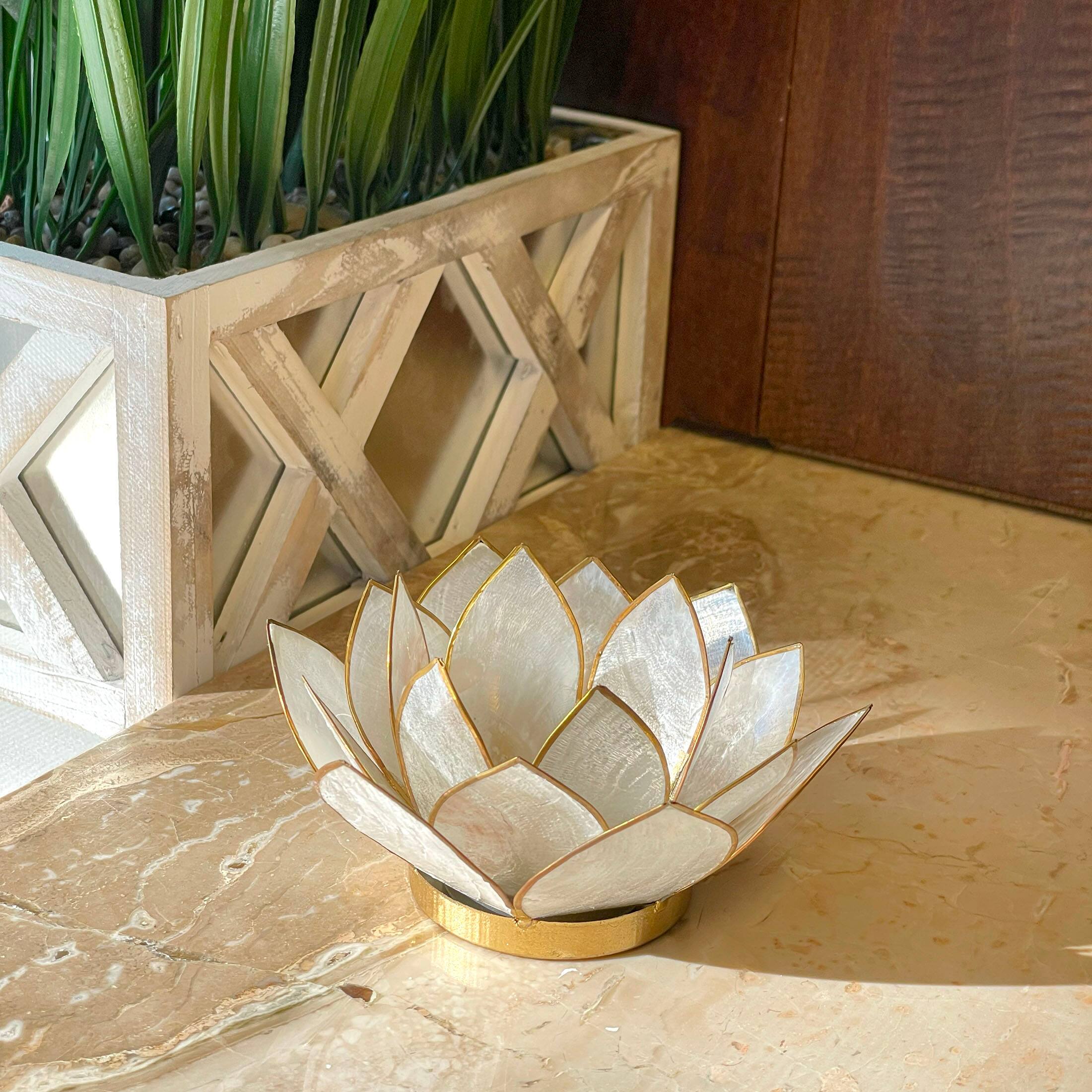 Alt View 3. Things2Die4 - White Capiz Shell Lotus Flower Small Tealight Candle Holder Set of 3 - White.