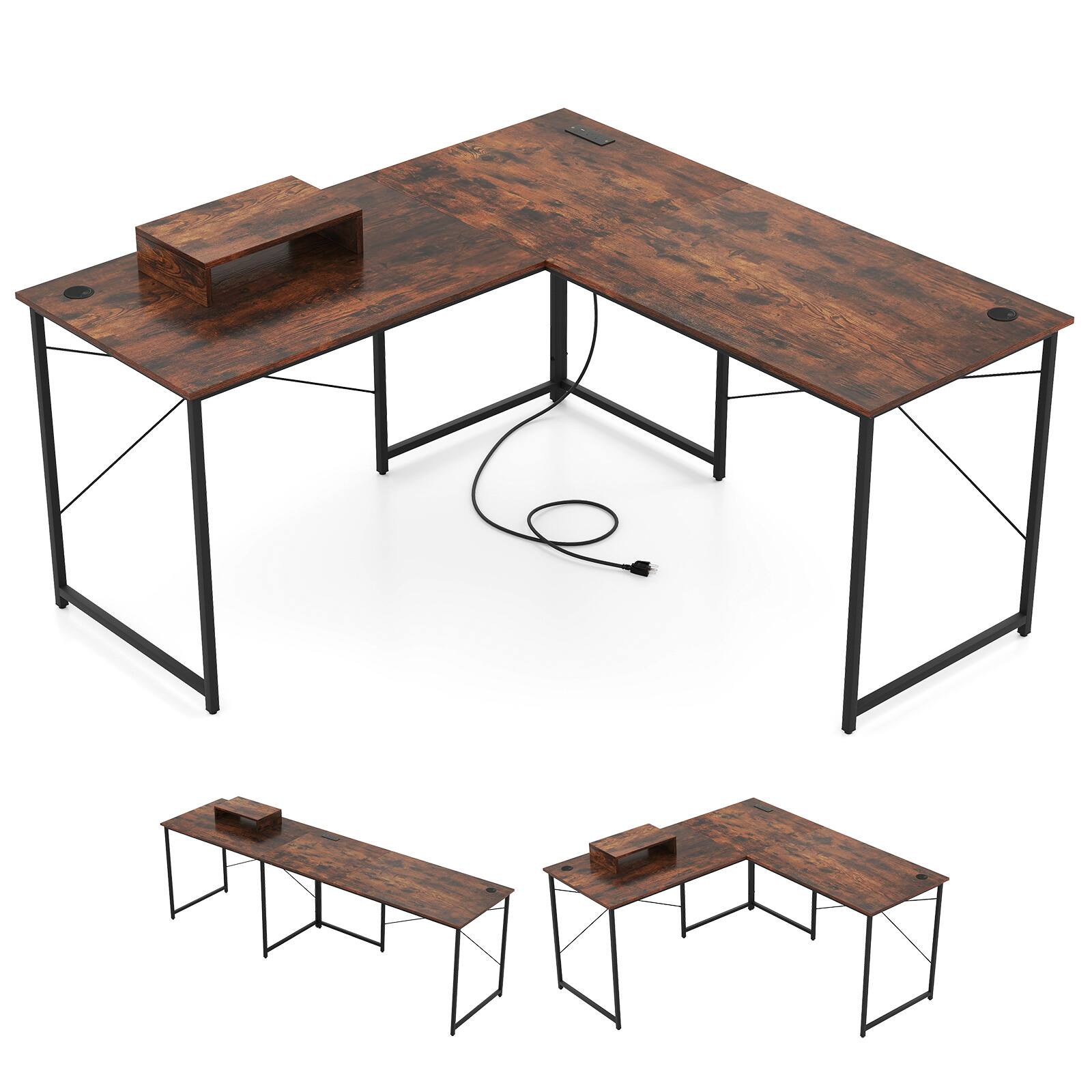 Alt View 9. Gymax - Gymax L-Shaped Reversible Computer Desk 2-Person Long Table w/Monitor Stand Rustic Brown - Rustic Brown.