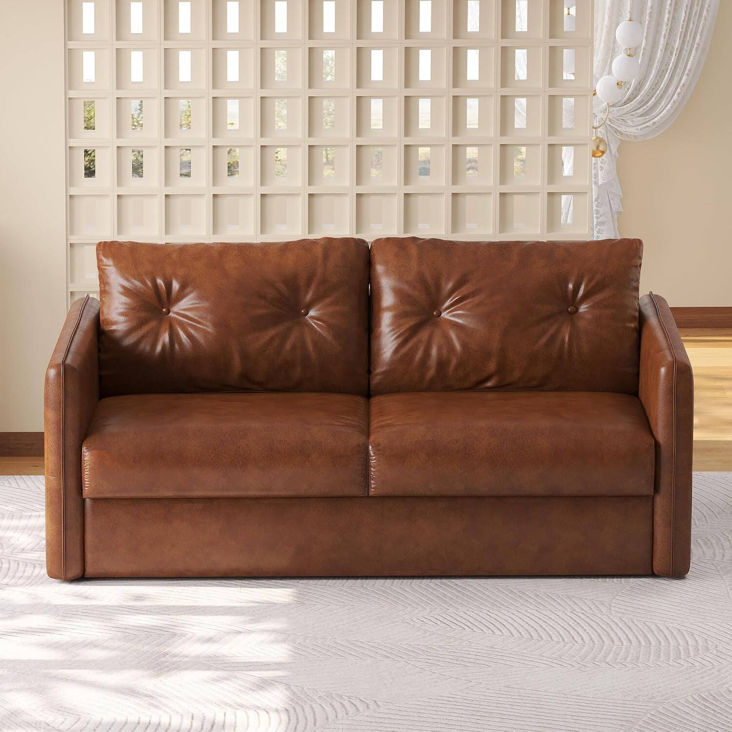 Alt View 2. luck idea - 63" Convertible Sofa Bed, Pull-Out Loveseat with Mattress, Brown PU Leather Couch, Deep Seat Cushion & Metal Frame for R - BROWN.