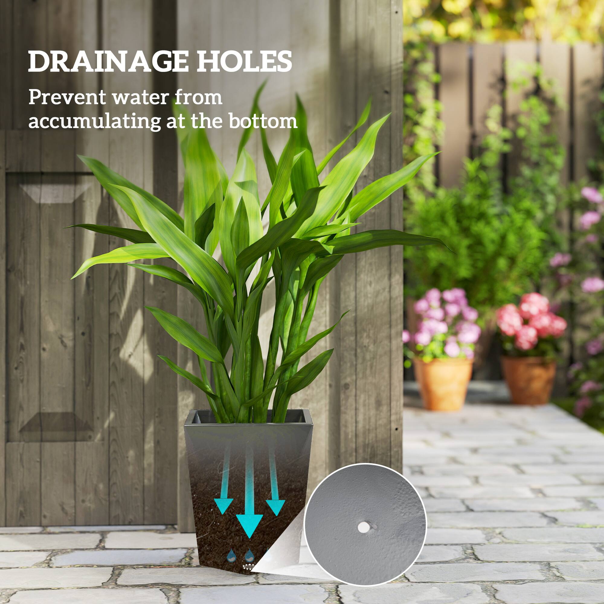 DRAINAGE HOLES  
Prevent water from accumulating at the bottom