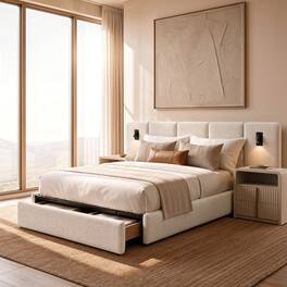ModernMate - Upholstered Platform Bed Frame with Extended Headboard, Wide Headboard Bed with Storage Footboard Drawers - Begie