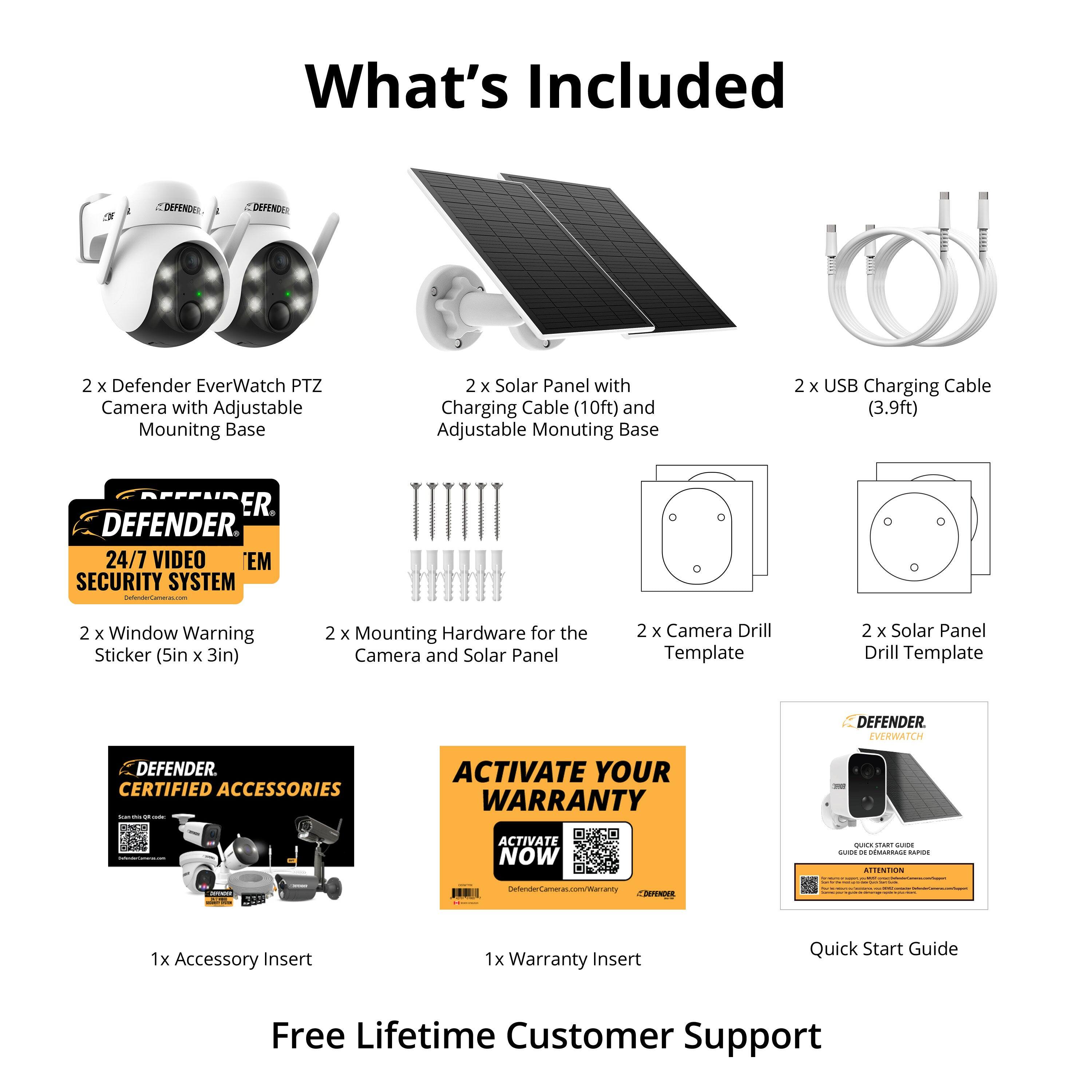 **What's Included**

- 2 x Defender EverWatch PTZ Camera with Adjustable Mounting Base
- 2 x Solar Panel with Charging Cable (10ft) and Adjustable Mounting Base
- 2 x USB Charging Cable (3.9ft)
- 2 x Window Warning Sticker (5in x 3in)
- 2 x Mounting Hardware for the Camera and Solar Panel
- 2 x Camera Drill Template
- 2 x Solar Panel Drill Template
- 1 x Accessory Insert
- 1 x Warranty Insert
- Quick Start Guide

**24/7 VIDEO EM SECURITY SYSTEM**

**DEFENDER CERTIFIED ACCESSORIES**

**ACTIVATE YOUR WARRANTY NOW**

**Free Lifetime Customer Support**

[QR Code for Warranty Activation]

[DefenderEverWatch.com/Warranty]
