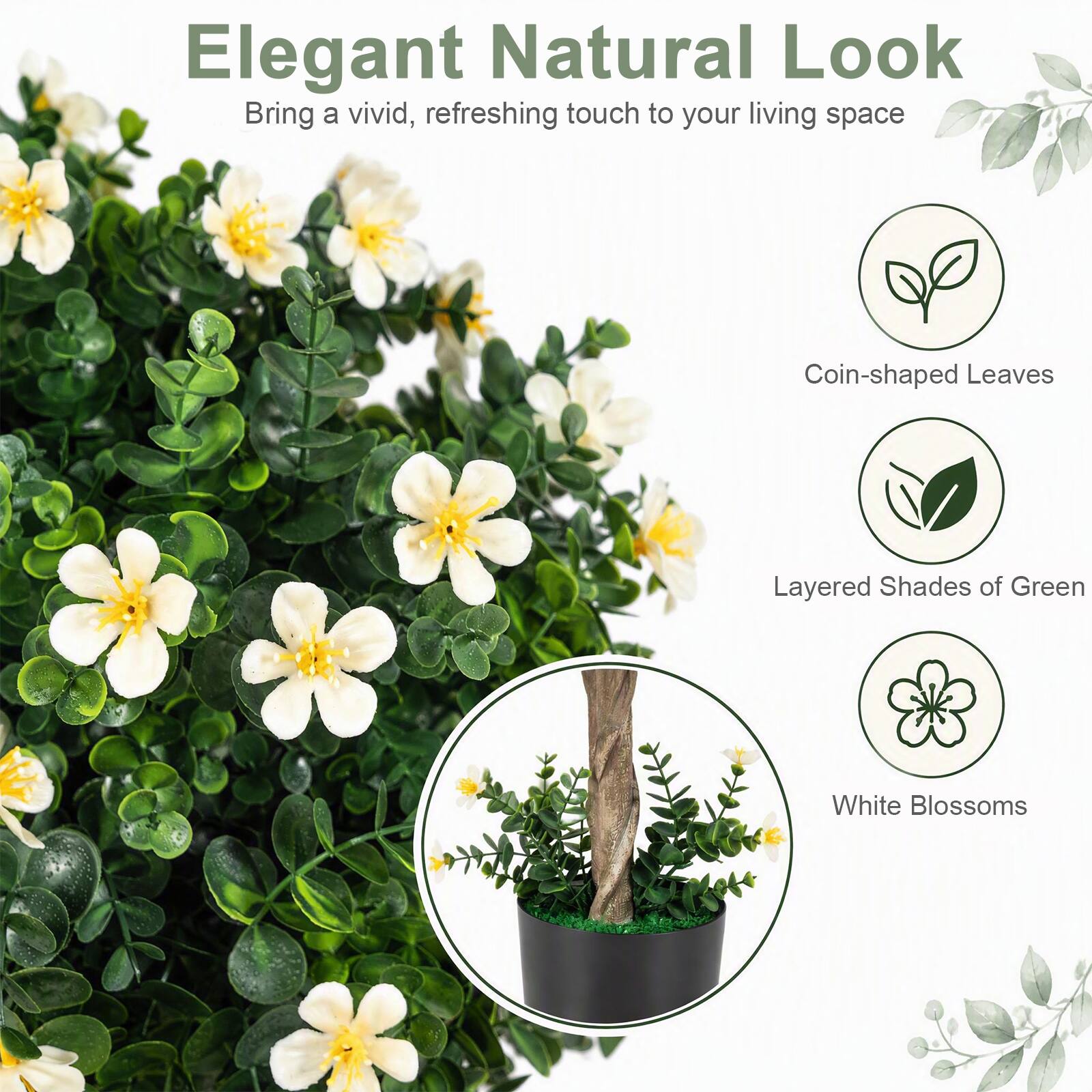 Elegant Natural Look  
Bring a vivid, refreshing touch to your living space

- Coin-shaped Leaves
- Layered Shades of Green
- White Blossoms