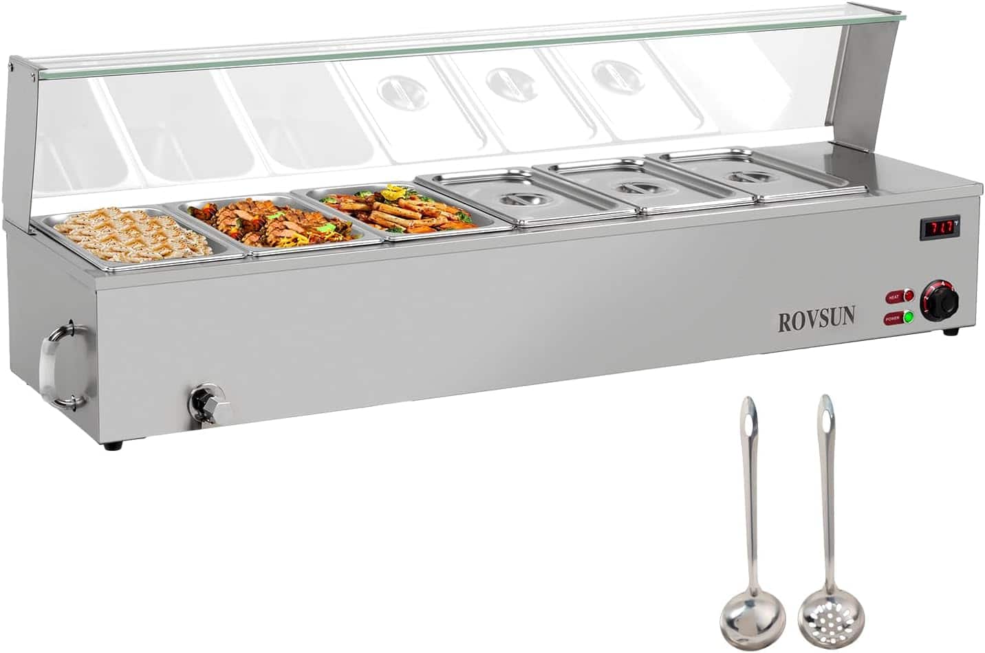 Winado - 48QT 1500W Electric Commercial Food Warmer, 6-Pan Steam Table 8QT/Pan Stainless Steel Bain Marie Countertop w/Shield - Silver