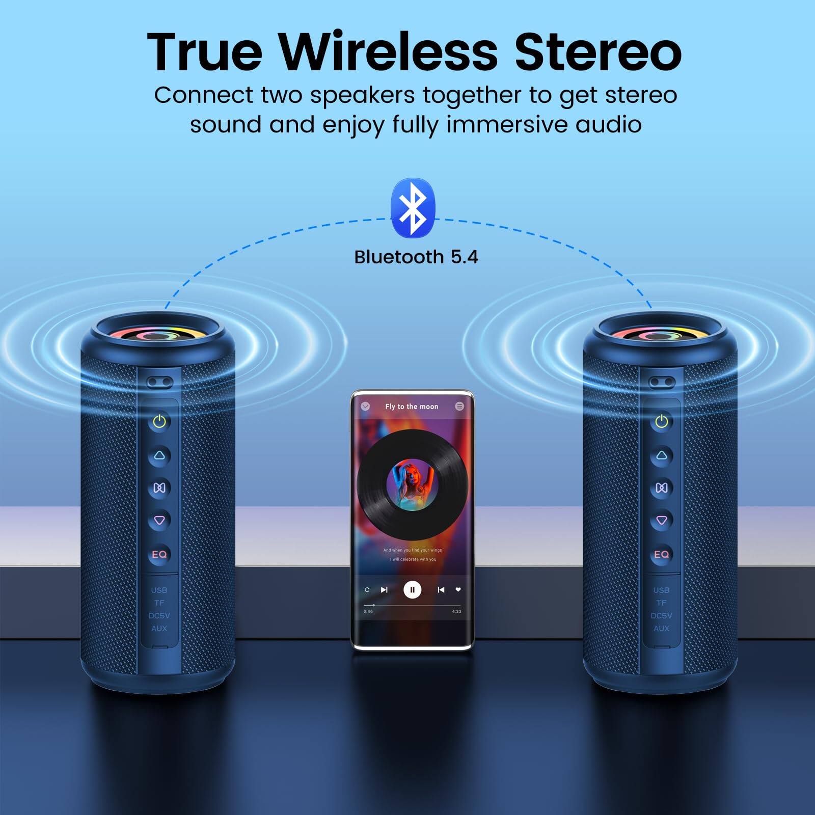 True Wireless Stereo  
Connect two speakers together to get stereo sound and enjoy fully immersive audio  
Bluetooth 5.4