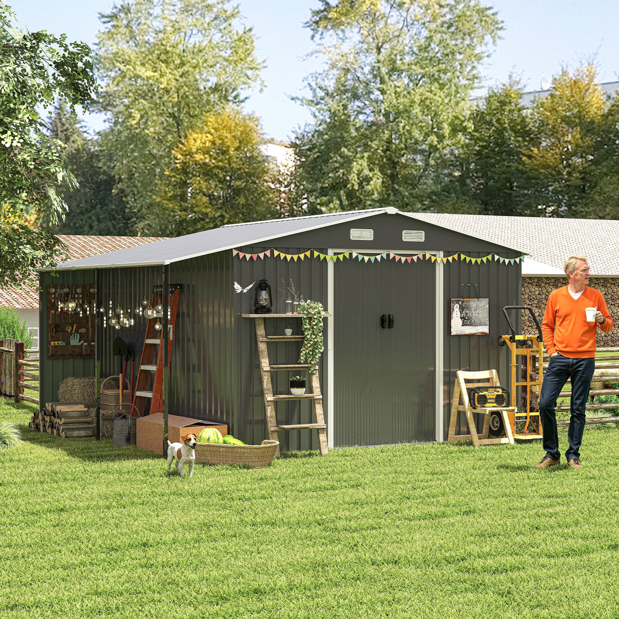 Angle. Mondawe - 10x12 Ft Outdoor Storage Shed with Dual-Zone Design for Tools and Firewood and Window - Dark Gray.
