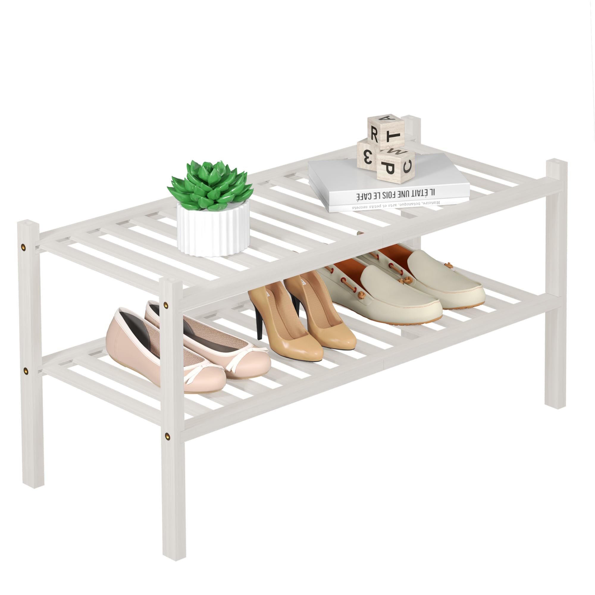 Hanke - Shoe Rack For Closet Free Standing Wood Shelf Storage Organizer Entryway Space Stackable 27 x11 x20 natural - White 2 Tier