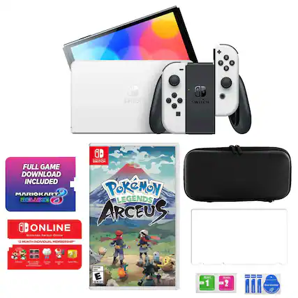 The image features a Nintendo Switch console, a game cartridge for Pokemon Legends Arceus, and a black carrying case. The console is accompanied by a set of game controllers, and there is also a booklet and a card included in the package. The image showcases the various items that come with the Nintendo Switch gaming system.