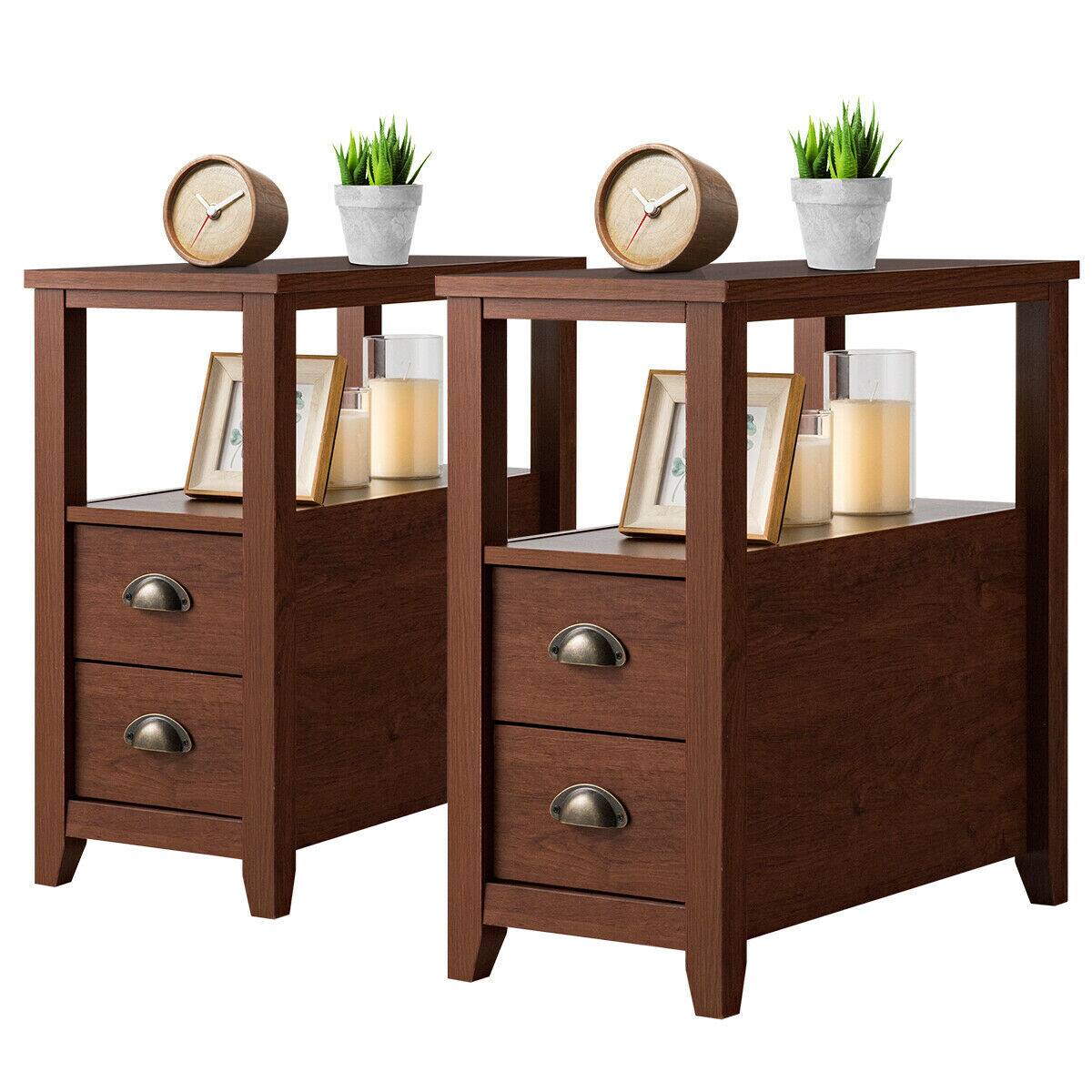 Alt View 3. WELLFOR - Set of 2 Wooden Nightstands with 2 Drawers and Shelf - Brown.