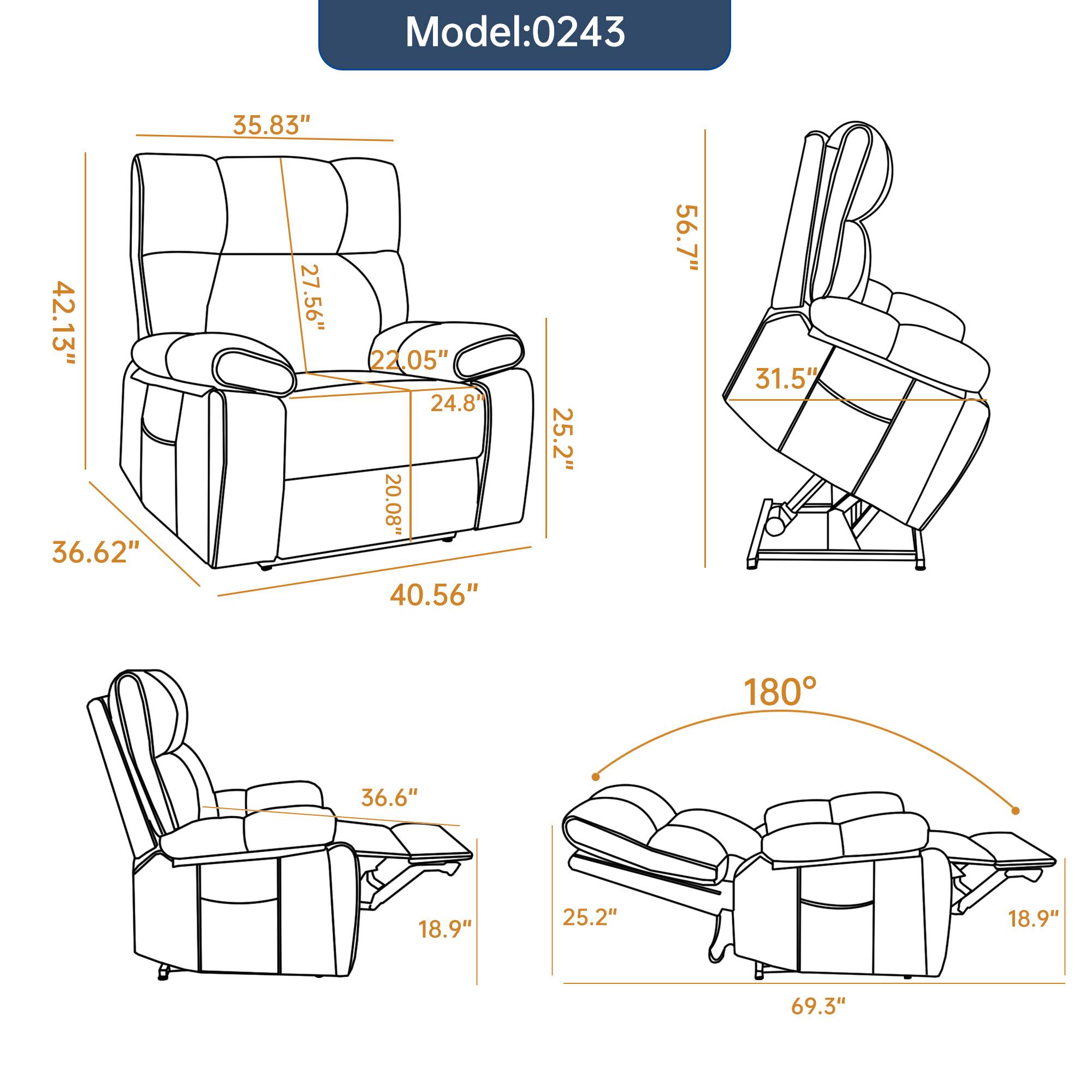 Model: 0243  
35.83"  
42.13"  
36.62"  
27.56"  
22.05"  
24.8"  
20.08"  
40.56"  
25.2"  
56.7"  
31.5"  
180°  
36.6"  
18.9"  
25.2"  
18.9"  
69.3"