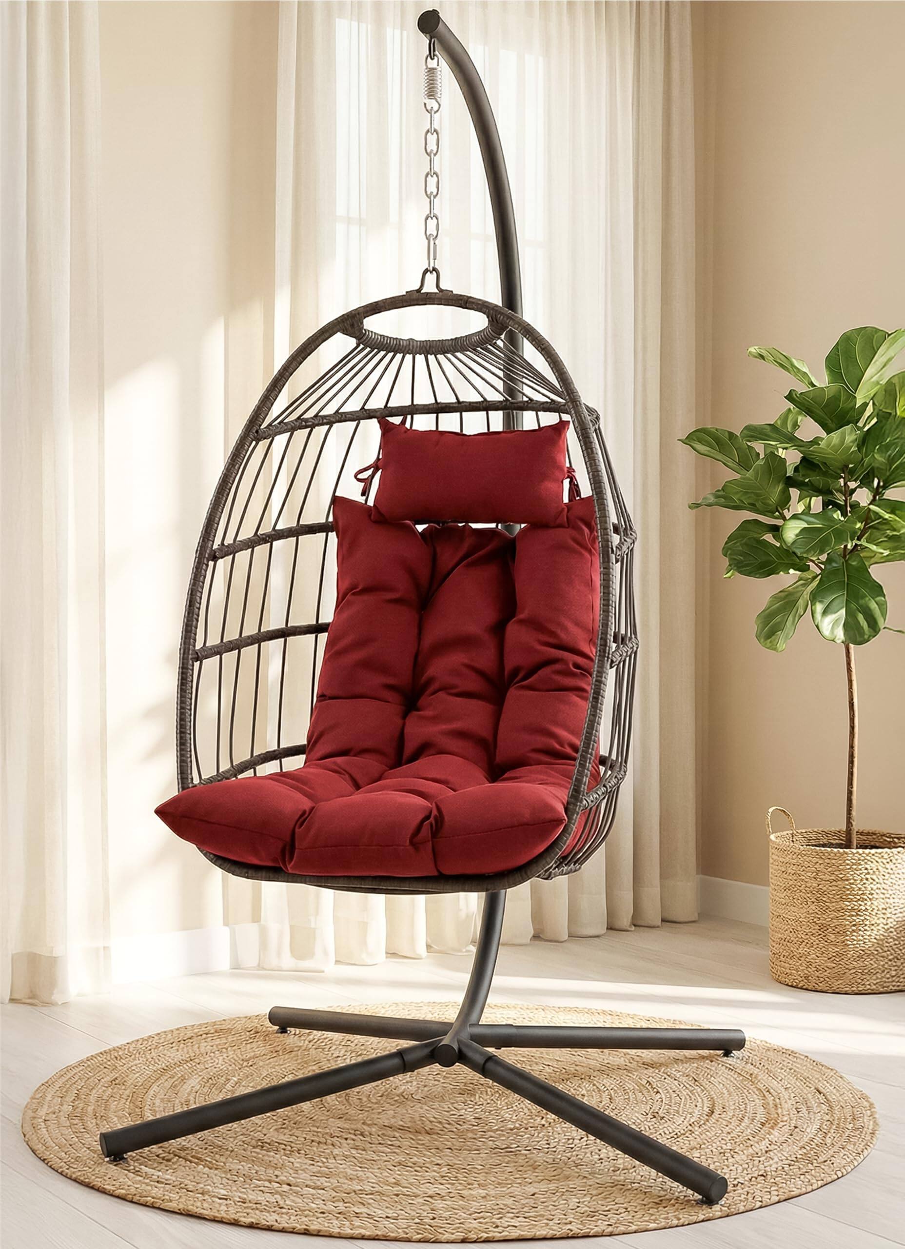 Front. SereneLife - SereneLife Egg Chair with Stand, 350 lbs Capacity, Hanging Rattan Wicker Swing, Breathable Cushion - SWC888R.
