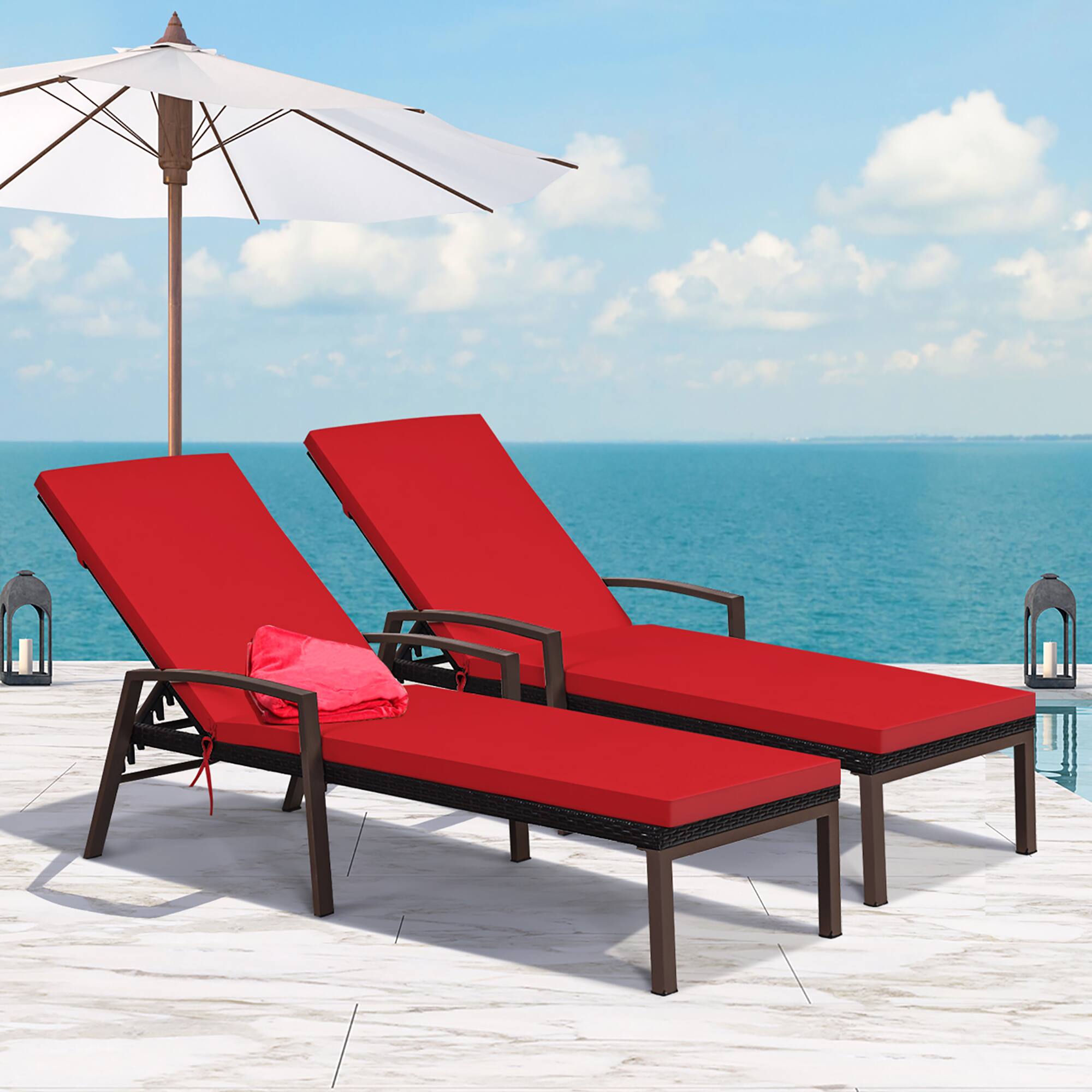 Alt View 1. Costway - 2PCS Patio Rattan Lounge Chair Chaise Recliner Back Adjustable Cushioned - Red.