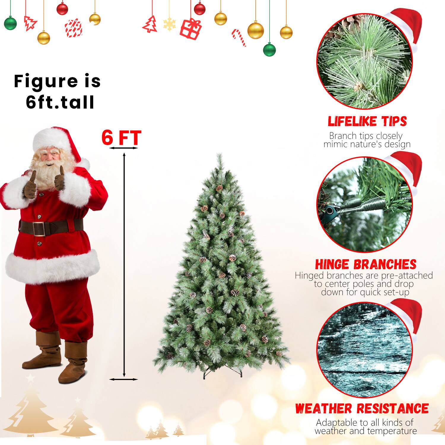 - Figure is 6ft. tall
- 6 FT
- LIFELIKE TIPS: Branch tips closely mimic nature's design
- HINGE BRANCHES: Hinged branches are pre-attached to center poles and drop down for quick set-up
- WEATHER RESISTANCE: Adaptable to all kinds of weather and temperature