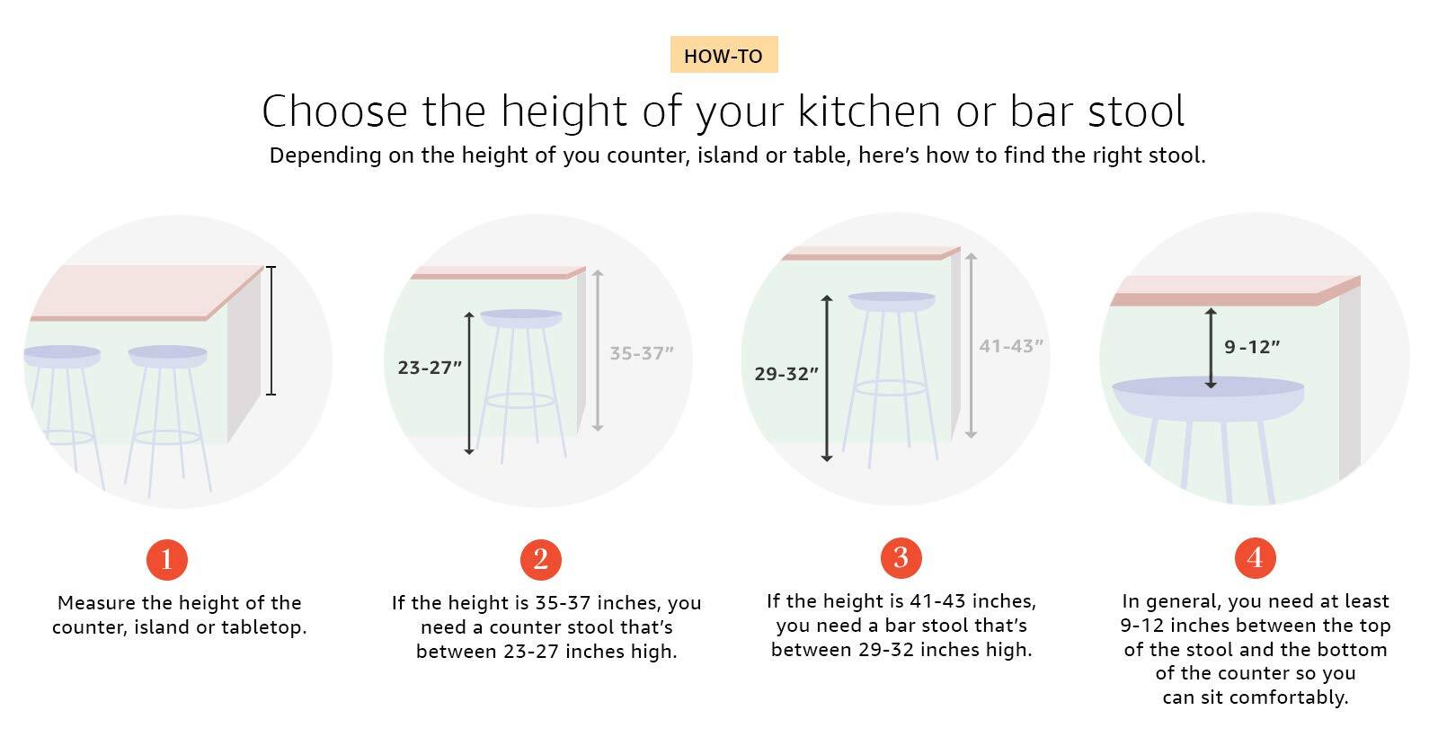 **HOW-TO Choose the height of your kitchen or bar stool**

Depending on the height of your counter, island or table, here's how to find the right stool.

1. Measure the height of the counter, island or tabletop.

2. If the height is 35-37 inches, you need a counter stool that's between 23-27 inches high.

3. If the height is 41-43 inches, you need a bar stool that's between 29-32 inches high.

4. In general, you need at least 9-12 inches between the top of the stool and the bottom of the counter so you can sit comfortably.