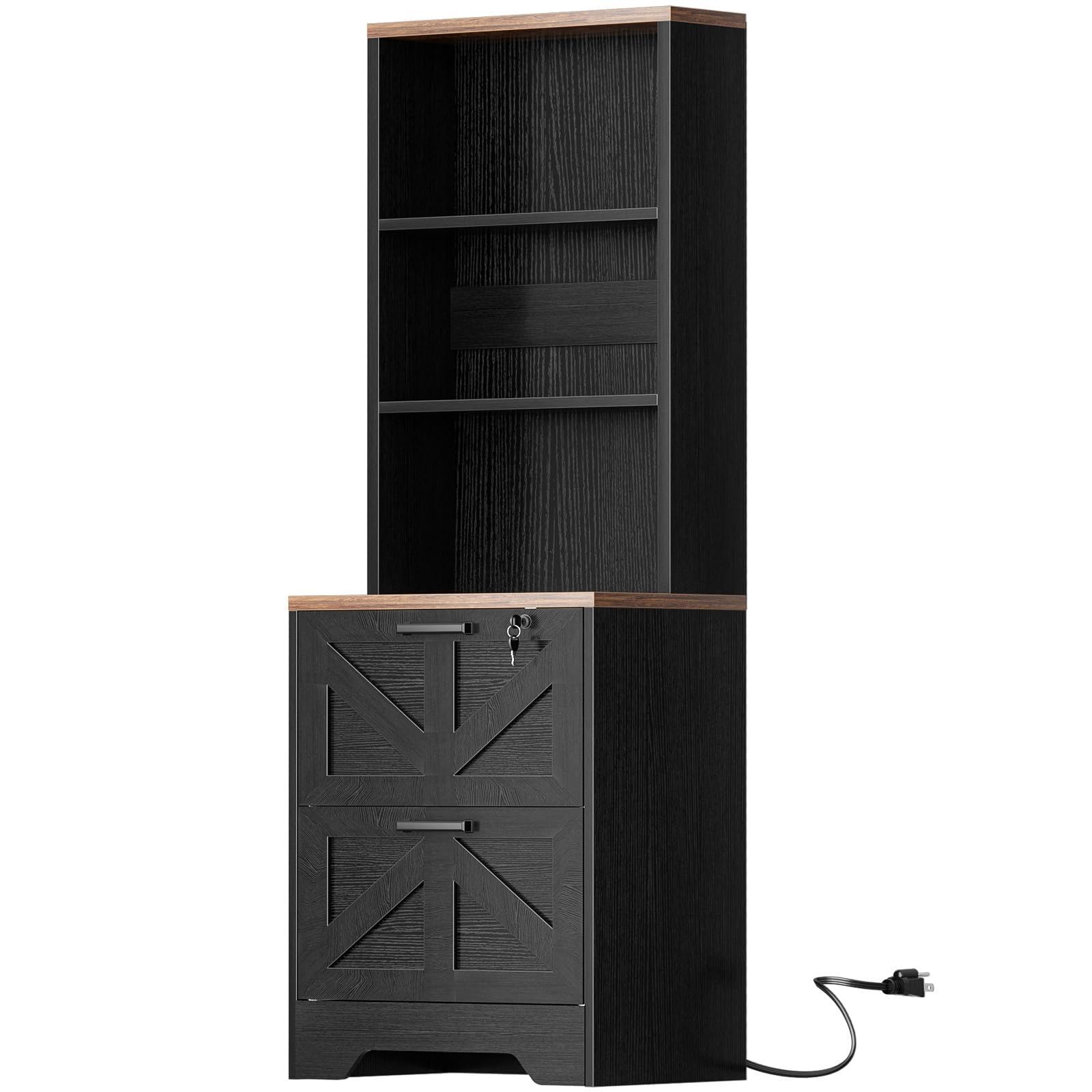 Left. Aheaplus - 2-Drawer Tall Vertical File Cabinet with Open Shelves and Built-In Lock - Farmhouse Style Storage for Home Office - Black.