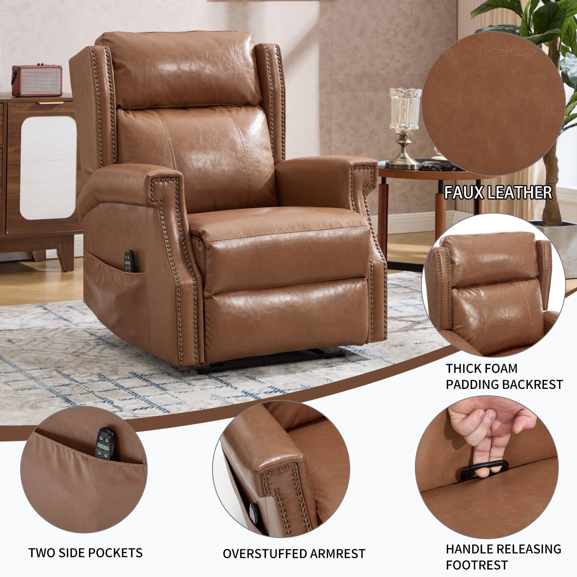 - Faux Leather
- Thick Foam Padding Backrest
- Two Side Pockets
- Overstuffed Armrest
- Handle Releasing Footrest