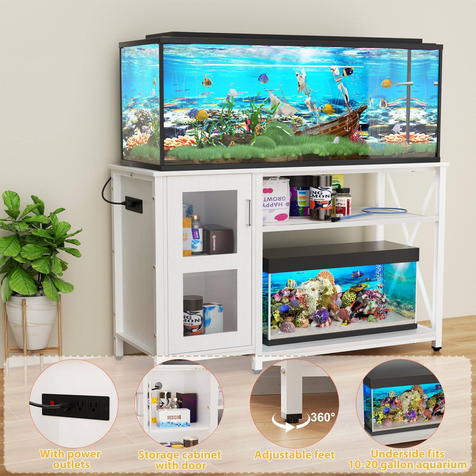 - With power outlets
- Storage cabinet with door
- Adjustable feet
- Underside fits 10-20 gallon aquarium
